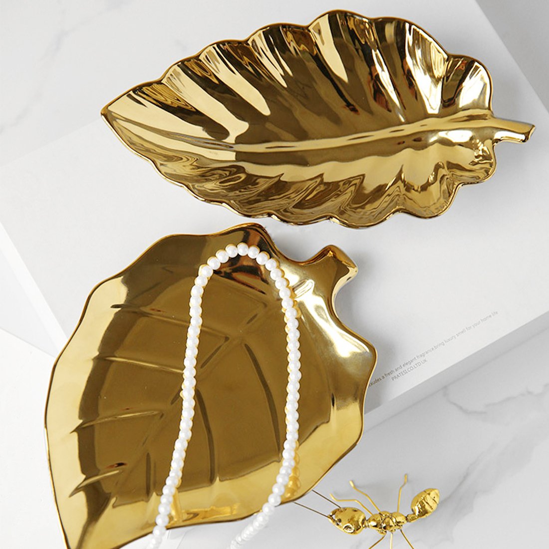 Gold Plated Ceramic Leaf Jewelry Tray - 8.4