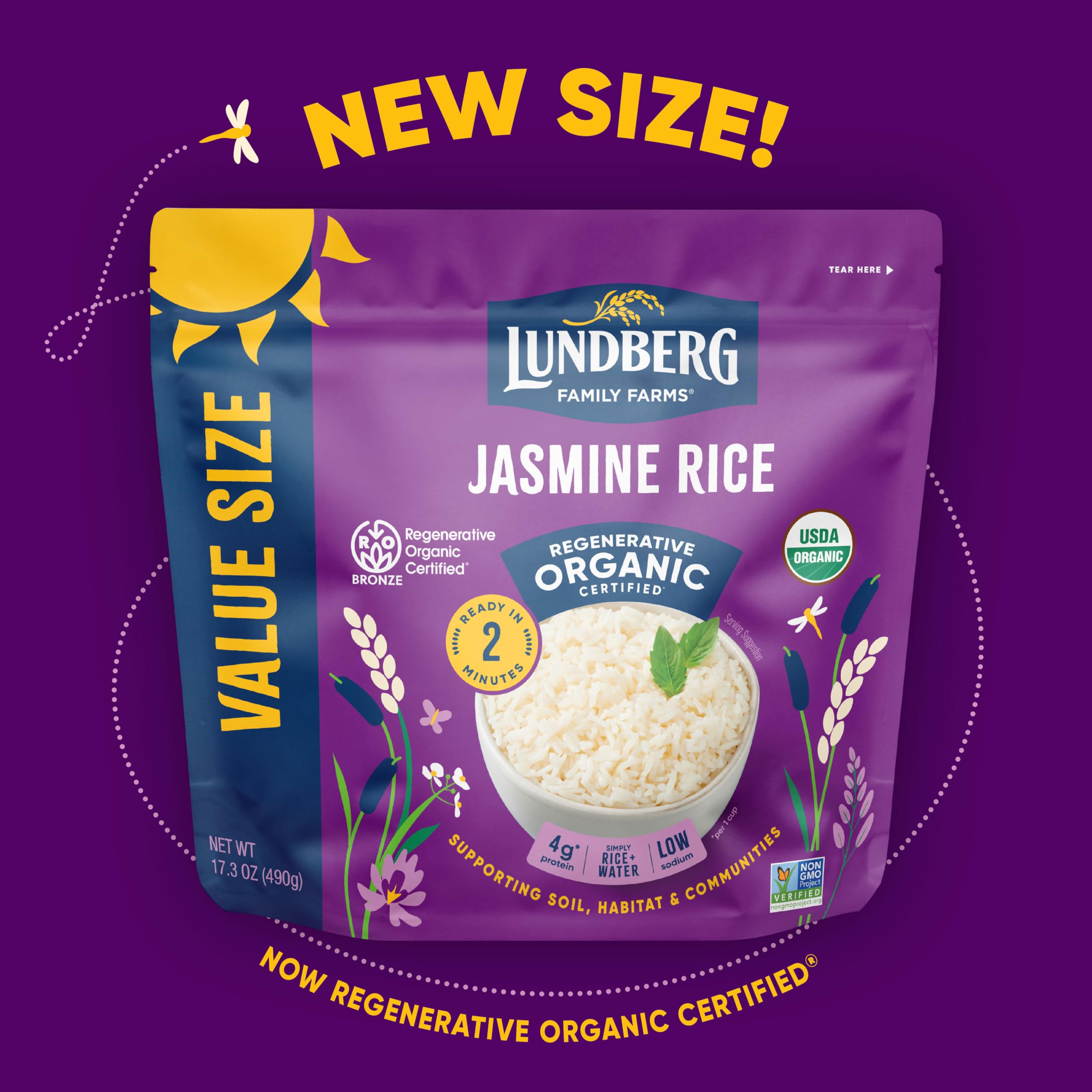 Organic White Jasmine Rice 2-Pack - Long Grain, Fluffy & Aromatic - Microwave or Stovetop Ready in 2 Minutes - Regenerative Organic Certified - 17.3 Oz Each - Perfect for Quick Meals, Asian Cuisine & Healthy Cooking