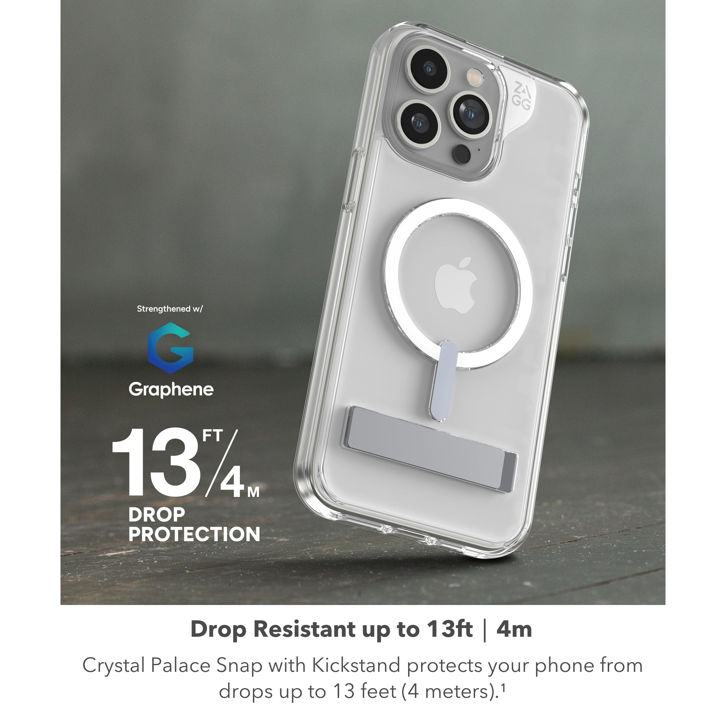 ZAGG Crystal Palace Snap iPhone 15 Pro Max Clear Protective Case with Built-in Kickstand - 13ft Drop Protection, Durable Graphene, Anti-Yellowing & Scratch-Resistant MagSafe Compatible Case for Work, Travel & Everyday Use