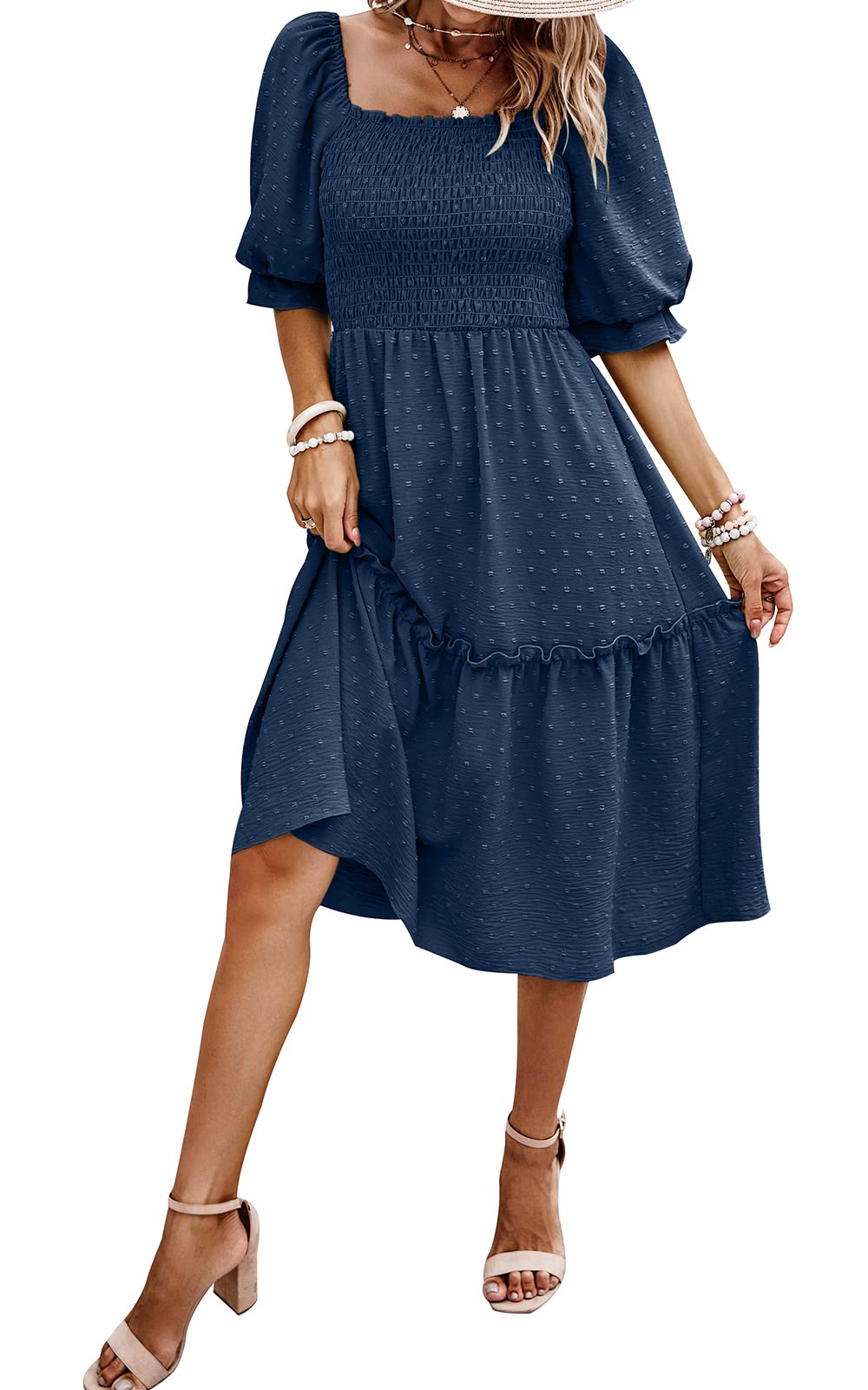 PrettyGarden Women's Summer Casual Dress 2025 - Puff Sleeve Square Neck A-Line Flowy Boho Floral Smocked Midi Dress for Beach, Vacation & Date Night