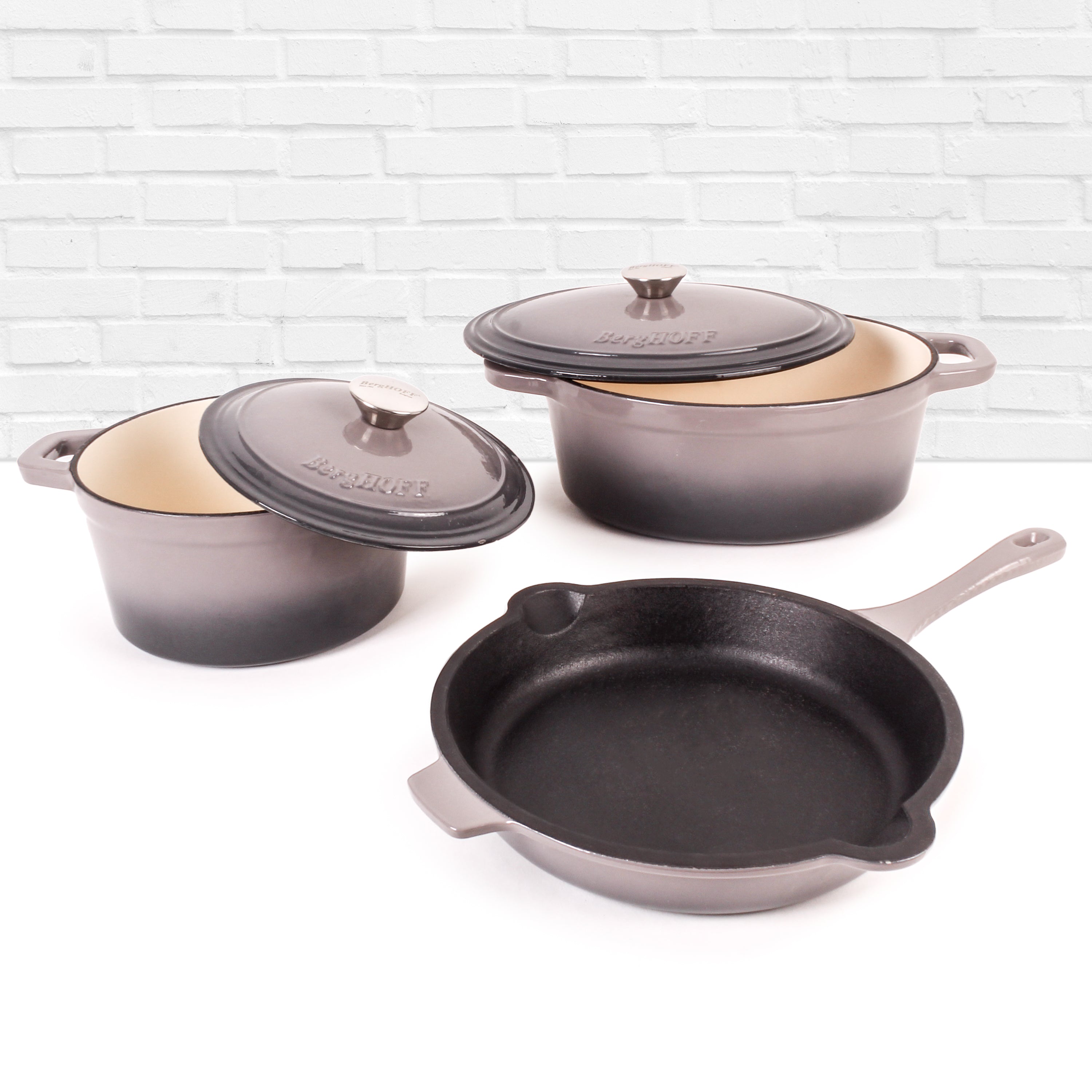 BergHOFF Neo 5-Piece Cast Iron Dutch Oven Set with 10-Inch Fry Pan, 3-Quart & 5-Quart Enameled Cookware, Oven Safe to 500°F – Perfect for Braising, Stewing, Baking & Camping Cooking