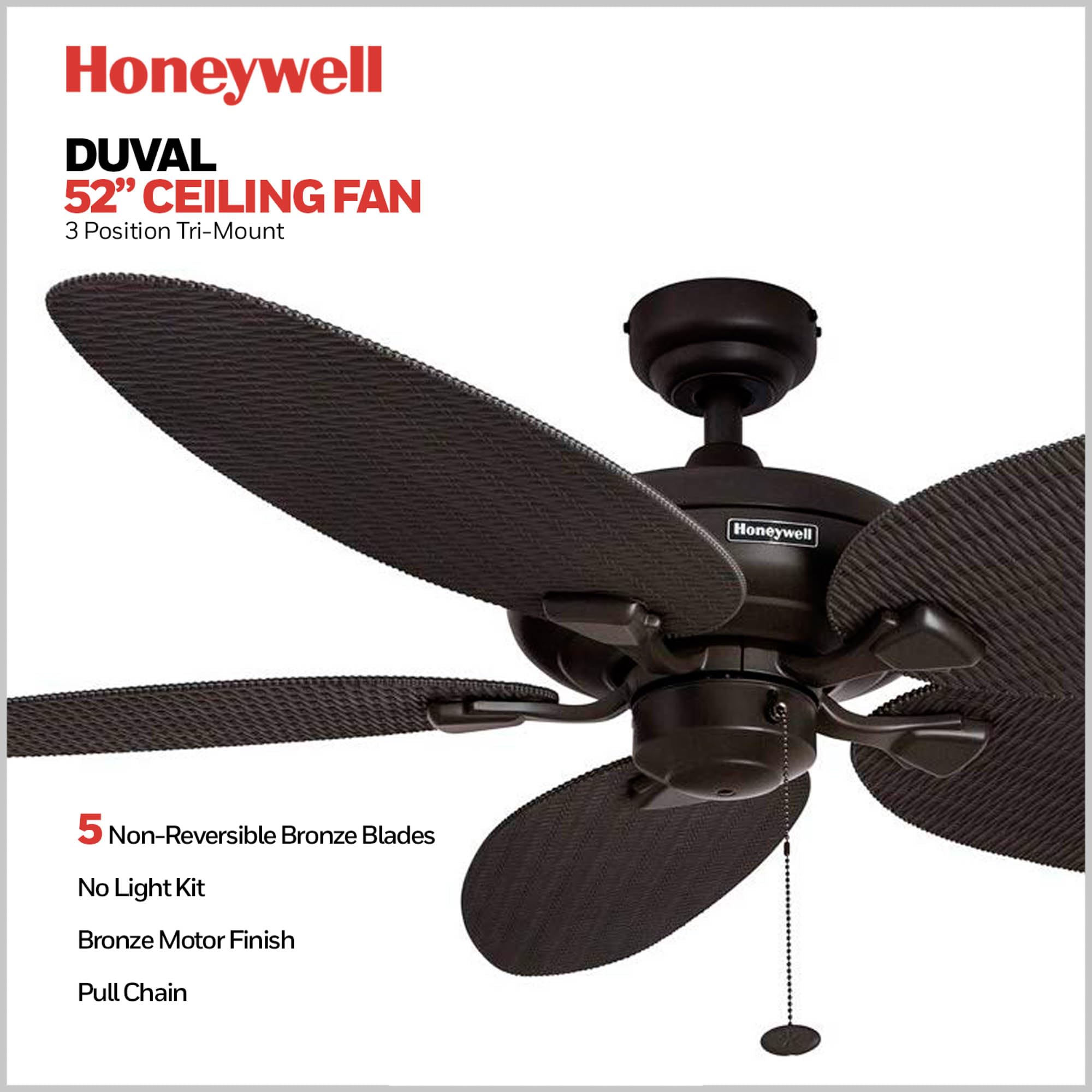 Honeywell Duval 52 Inch Indoor/Outdoor Ceiling Fan with Pull Chain - Tri-Mount 5 Blade Tropical Design, ETL Damp Rated, Bronze (50201-01) - Perfect for Patio, Bedroom, and Living Room Cooling
