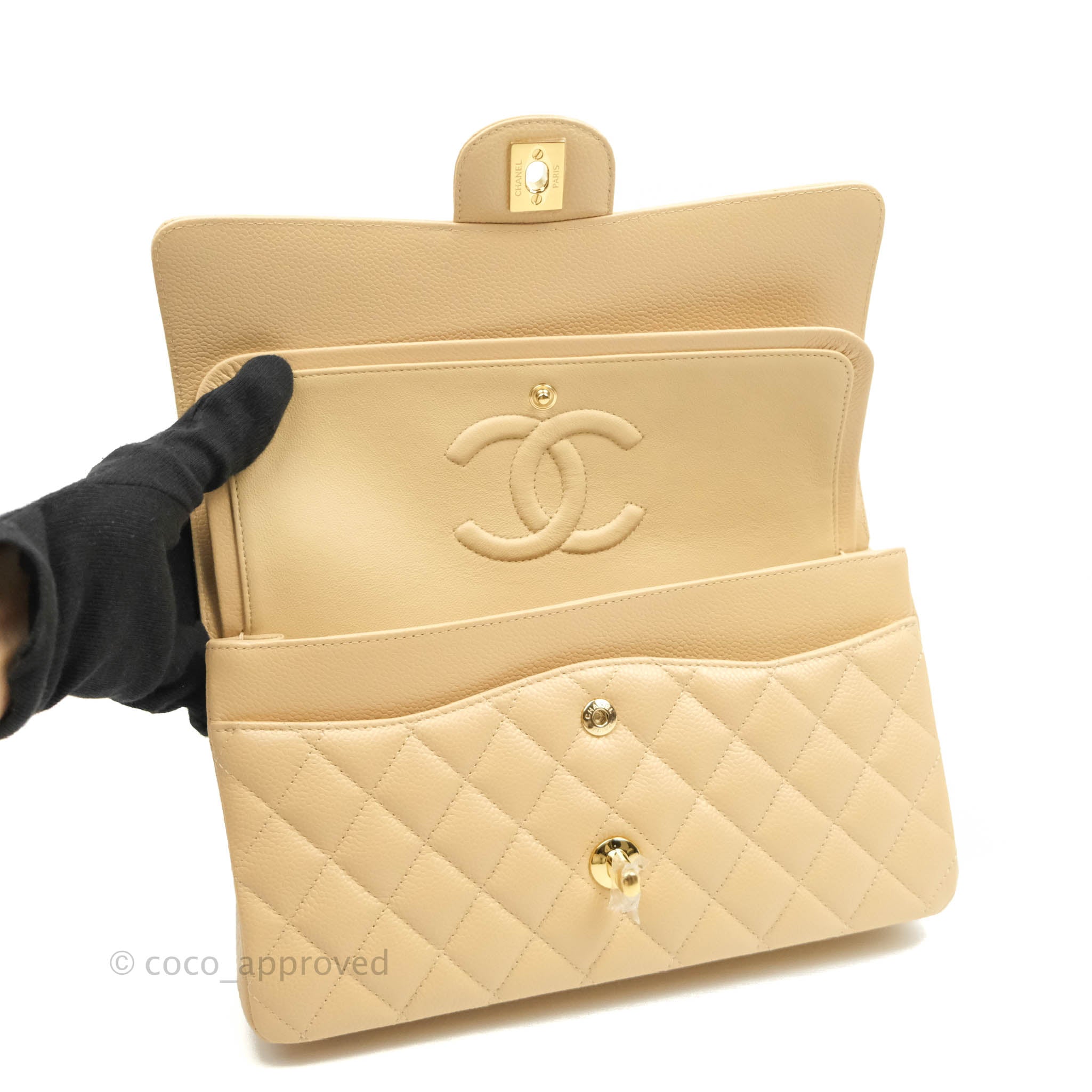 Chanel Classic Medium Double Flap Bag in Beige Caviar Leather with Gold Hardware - Luxury Designer Handbag for Women, Perfect for Work, Evening Events & Special Occasions