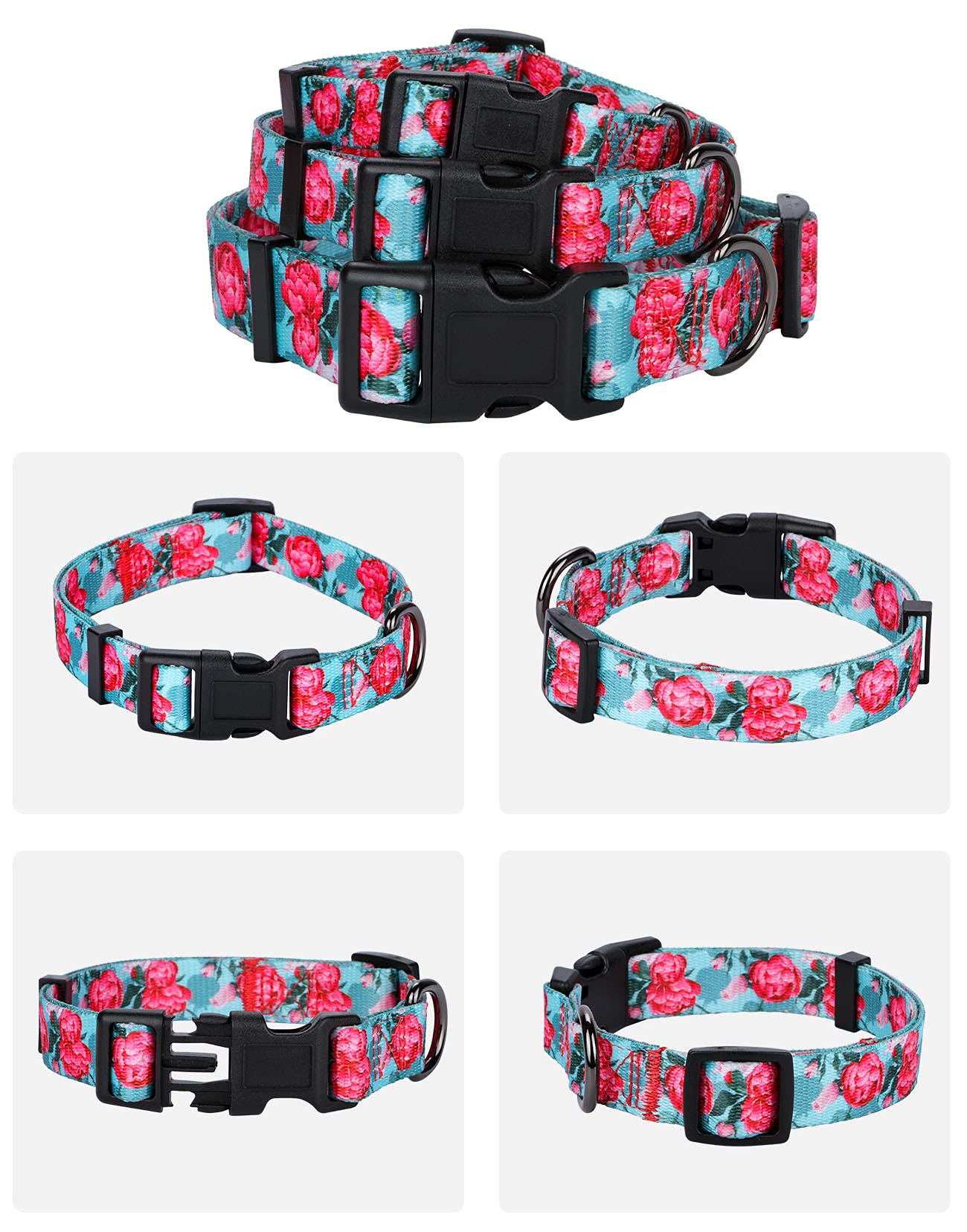 Rhea Rose Floral Print Dog Collar for Girls - Summer Flower Pet Collar, Turquoise, Medium Size | Perfect for Outdoor Walks, Pet Parties & Photo Shoots