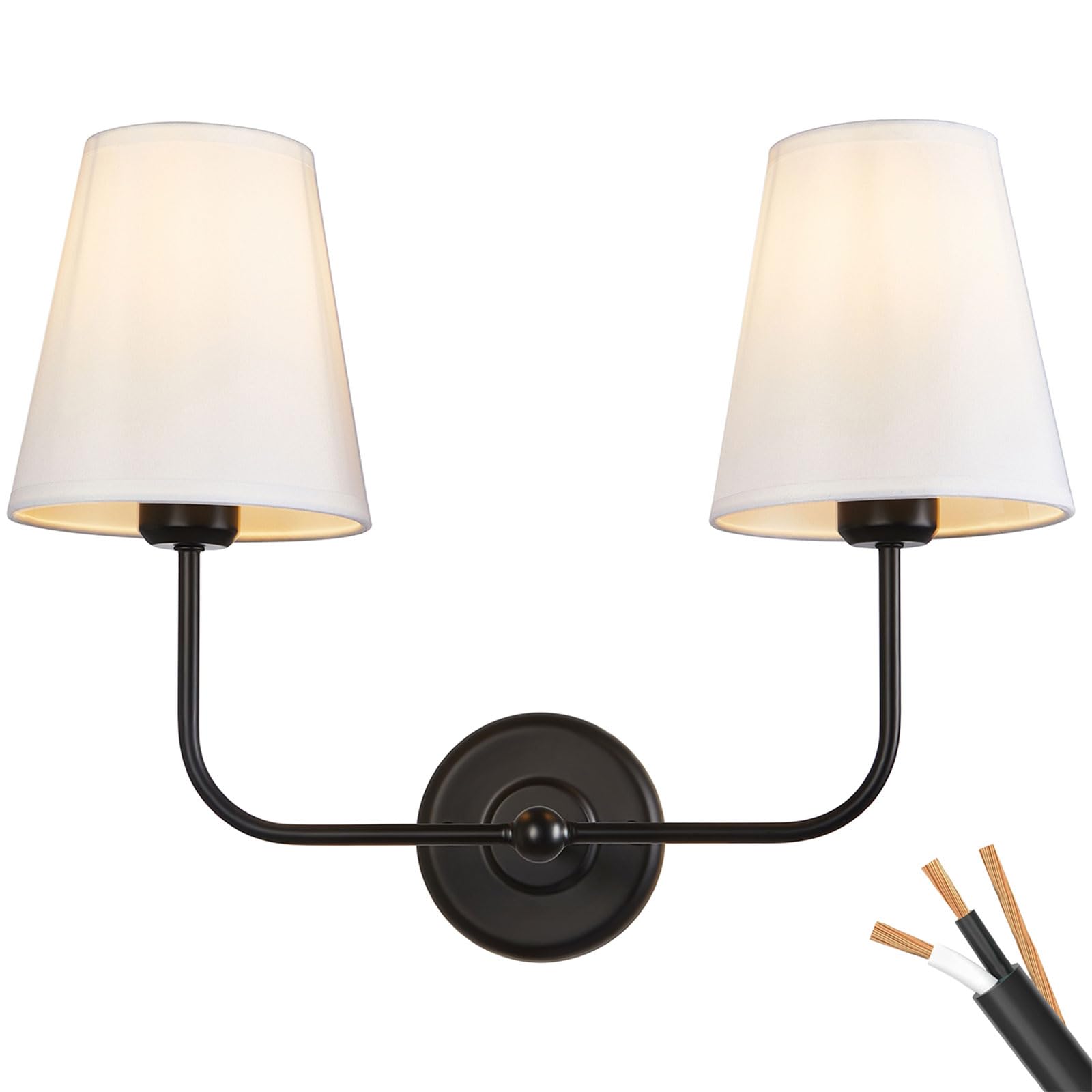 PASSICA DECOR Hardwired 2-Light Modern Wall Sconce with White Fabric Shades - Double Arm Sconce Lighting for Bathroom Vanity, Living Room, Hallway, Stairway & Fireplace - Farmhouse Style Wall Light for Cozy Home Ambience