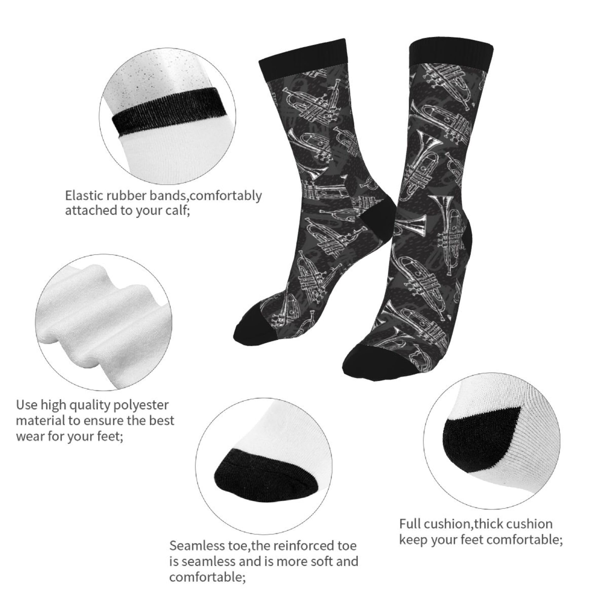 Fun Novelty Crazy Trumpet Sketch Crew Socks for Women & Men - Black & White Dress Socks - Perfect for Costume Parties, Music Performances & Unique Gifts