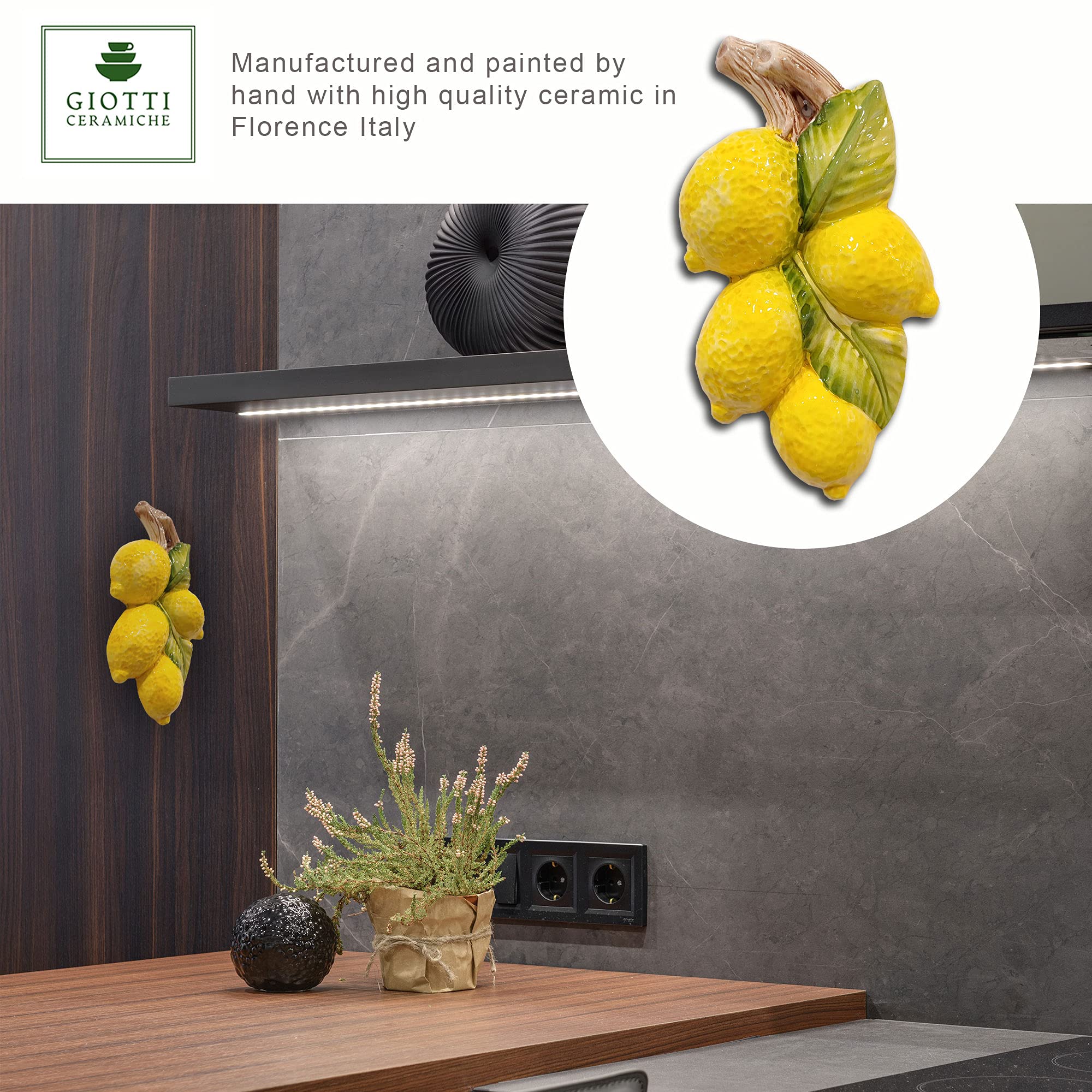 Italian Hand-Painted Ceramic Lemons - Lifelike Artificial Fruit Kitchen Wall Decor - Italian Pottery for Stylish Kitchen, Dining Room, or Farmhouse Decor