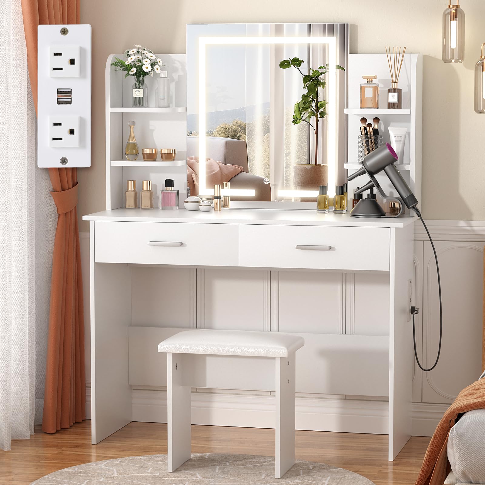 Lighted Makeup Vanity Desk with Power Outlet & Stool - 3 Color Lights, Adjustable Brightness, 6 Shelves & 2 Drawers - Perfect for Bedroom Dressing Area