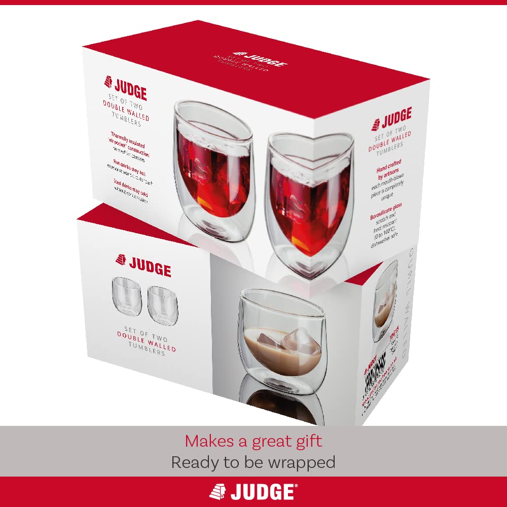 Judge Tumbler Set of 2 - 250ml Clear Glass Cups with Lid - Perfect for Iced Coffee, Smoothies & Cocktails at Home or Office