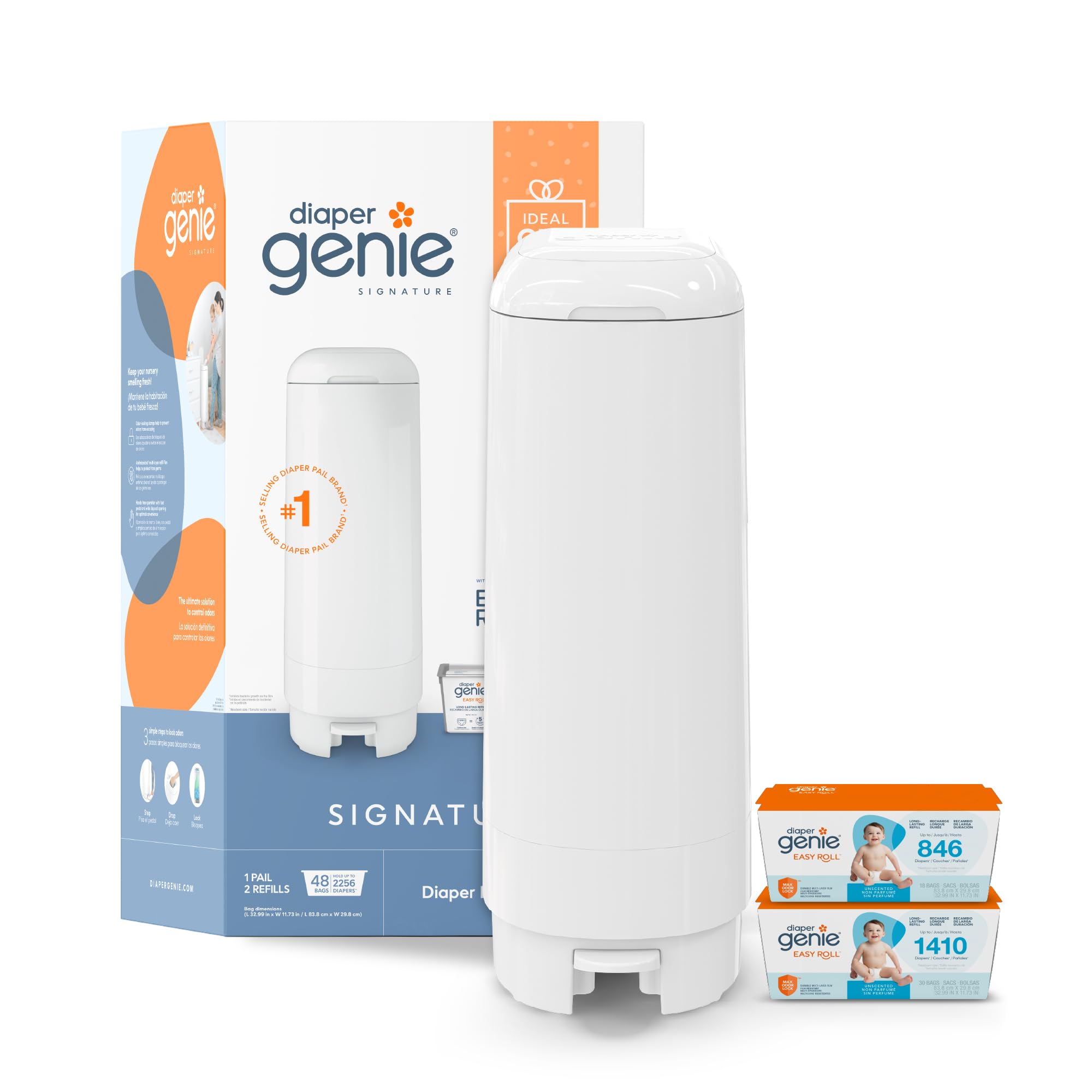 Diaper Genie Signature Gift Set with Easy Roll Refill - 48 Bags | Holds 2256+ Newborn Diapers | Perfect for Nursery, Baby Shower & Diaper Changing Station