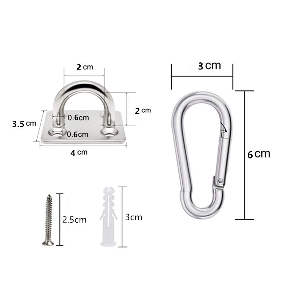 HOMPER 304 Stainless Steel Ceiling Hook - Heavy Duty Wall Hook with Square Eye Plate & Carabiner Clips for Hanging Plants, Lights & Decor (Indoor/Outdoor Use)