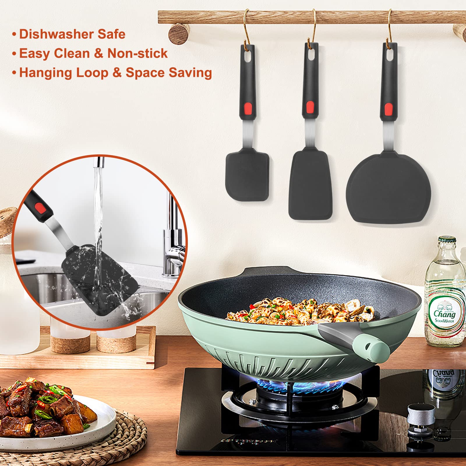 High Heat Resistant Silicone Spatula Set of 3 - 600°F Flexible Rubber Turner for Nonstick Cookware, Perfect for Flipping Eggs, Burgers, Pancakes & Crepes - Ideal for Baking, Grilling & Everyday Cooking