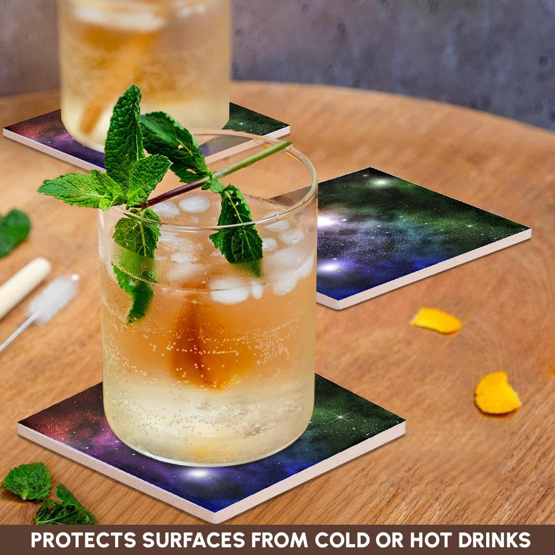 3D Ceramic Tile Coasters Set of 4 - Space Clouds, Planets, Stars & Nebulae Design - 3dRose CST_18172_3 - Perfect for Home Bar, Office Desk & Sci-Fi Decor
