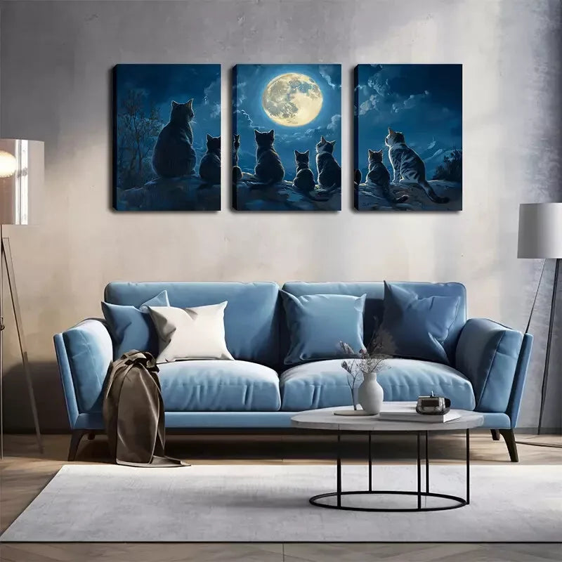 3-Piece Framed Cat Wall Art Set - Star Gazing Cats Canvas Prints 40x60cm - High Quality Australian Made Home Decor - Perfect for Living Room, Bedroom & Office Decorations