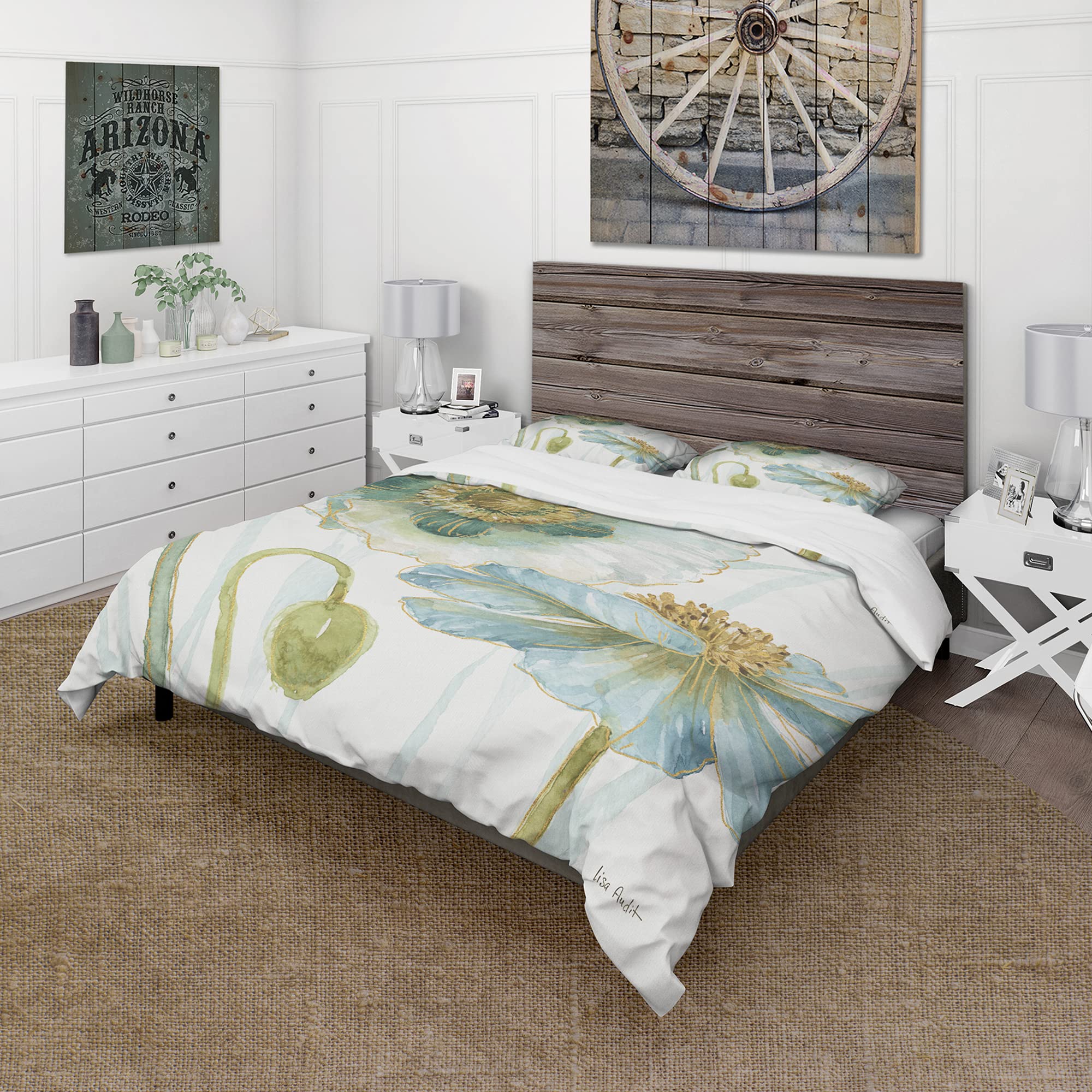 DesignQ My Greenhouse Cottage Flowers II Traditional Blue Duvet Cover Set King Size - 3 Piece Floral Bedding Set for All Seasons | Perfect for Master Bedroom, Guest Room & Cozy Cottage Decor