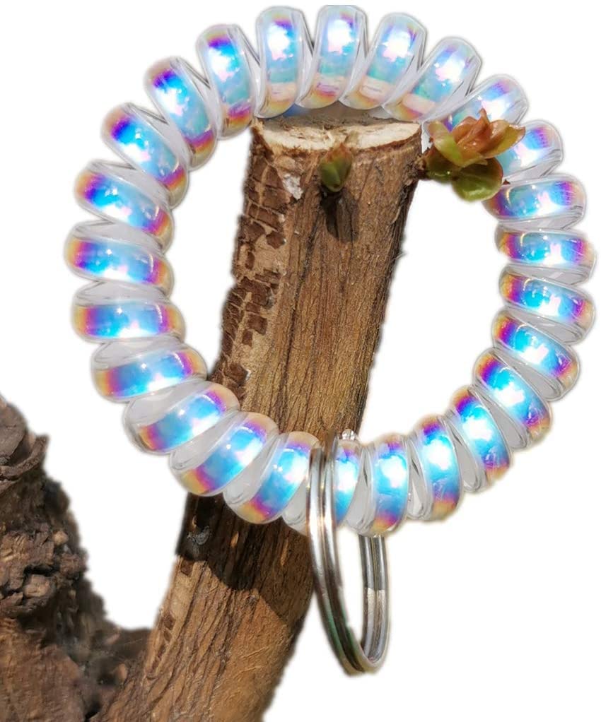 Iridescent Spiral Stretch Keychain Wristband - Pack of 5 Colorful Coil Bracelets for Keys, Jewelry & Accessories Organization - Perfect for Home, Office, Gym & Travel Use
