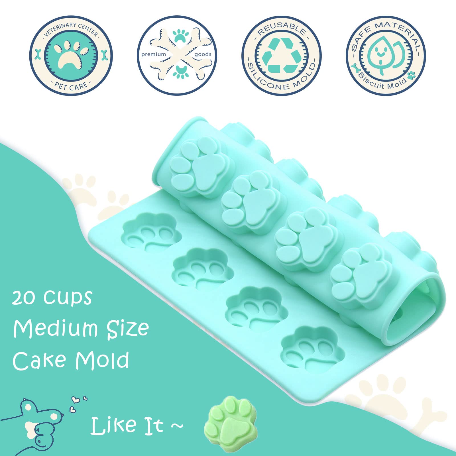 2 Pcs Silicone Dog Treat Molds for Baking & Frozen - Paw & Bone Candy Molds for Chocolate, Yogurt, Jelly, Ice Cube - Perfect for Homemade Dog Treats, Party Favors & Pet Training Rewards (Green)
