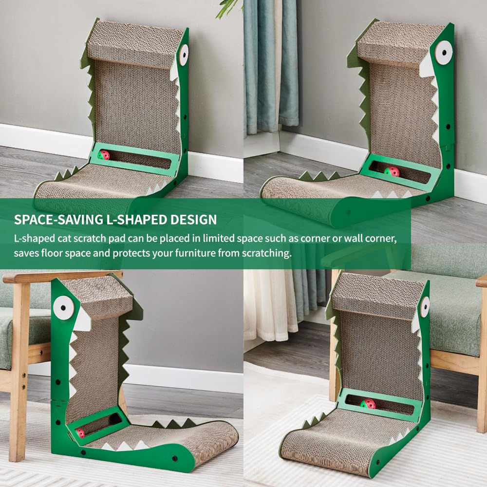 Premium L-Shaped Cat Scratcher Wall Mount - 19.7 Inch Cardboard Scratching Pad with Ball Toy & Crocodile Design - Protects Furniture from Cat Scratching - Perfect for Indoor Cats, Apartments & Home Decor