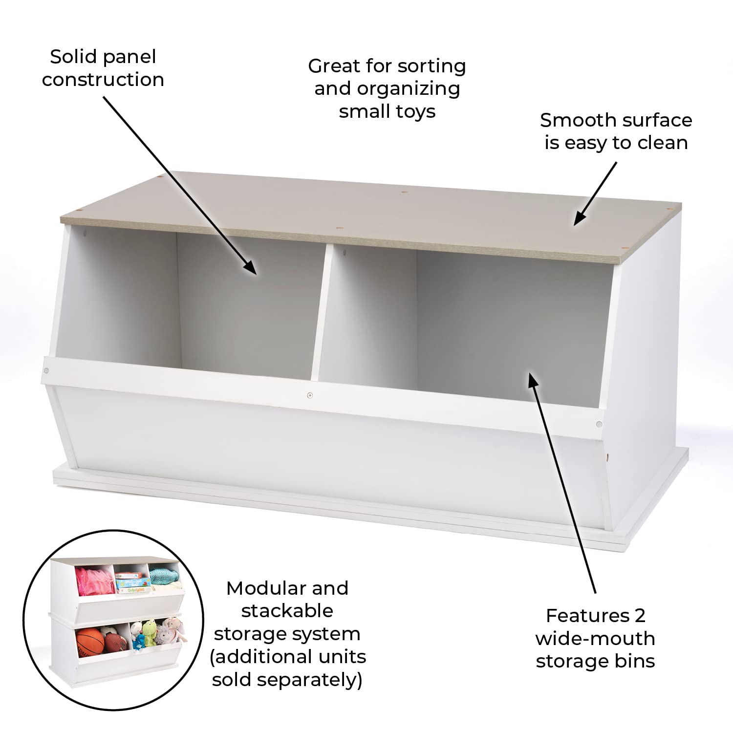 Badger Basket Two Bin Stackable Toy Storage Organizer - White/Gray Woodgrain for Kids Room, Nursery & Playroom Organization