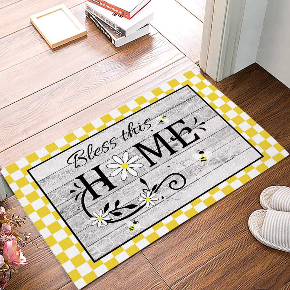 Prironde Non-Slip Welcome Doormat - 18x30 Inch Yellow Plaid Rug with Daisy Design for Entryway, Bathroom, Bedroom, Kitchen & Office | 'Bless This Home' Decor - Perfect for Front Door, Indoor/Outdoor Use & Housewarming Gifts