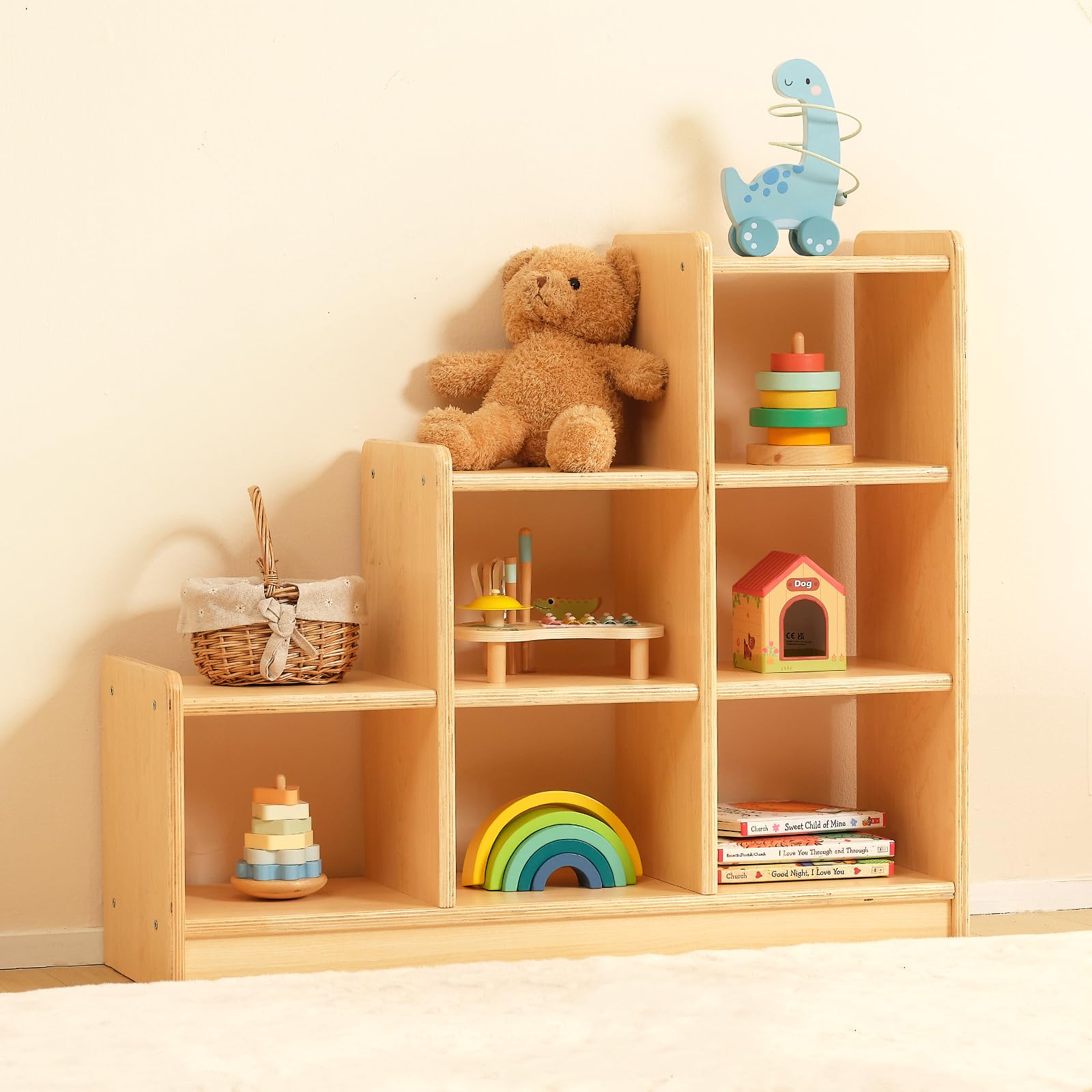 9 Cube Storage Cabinet - L Shaped Freestanding Ladder Corner Bookshelf with 6 Cubes | 4 Tier Wooden Display Shelf for Kids Room, Living Room & Office Organization | Natural Finish Bookcase & Home Decor Storage Solution