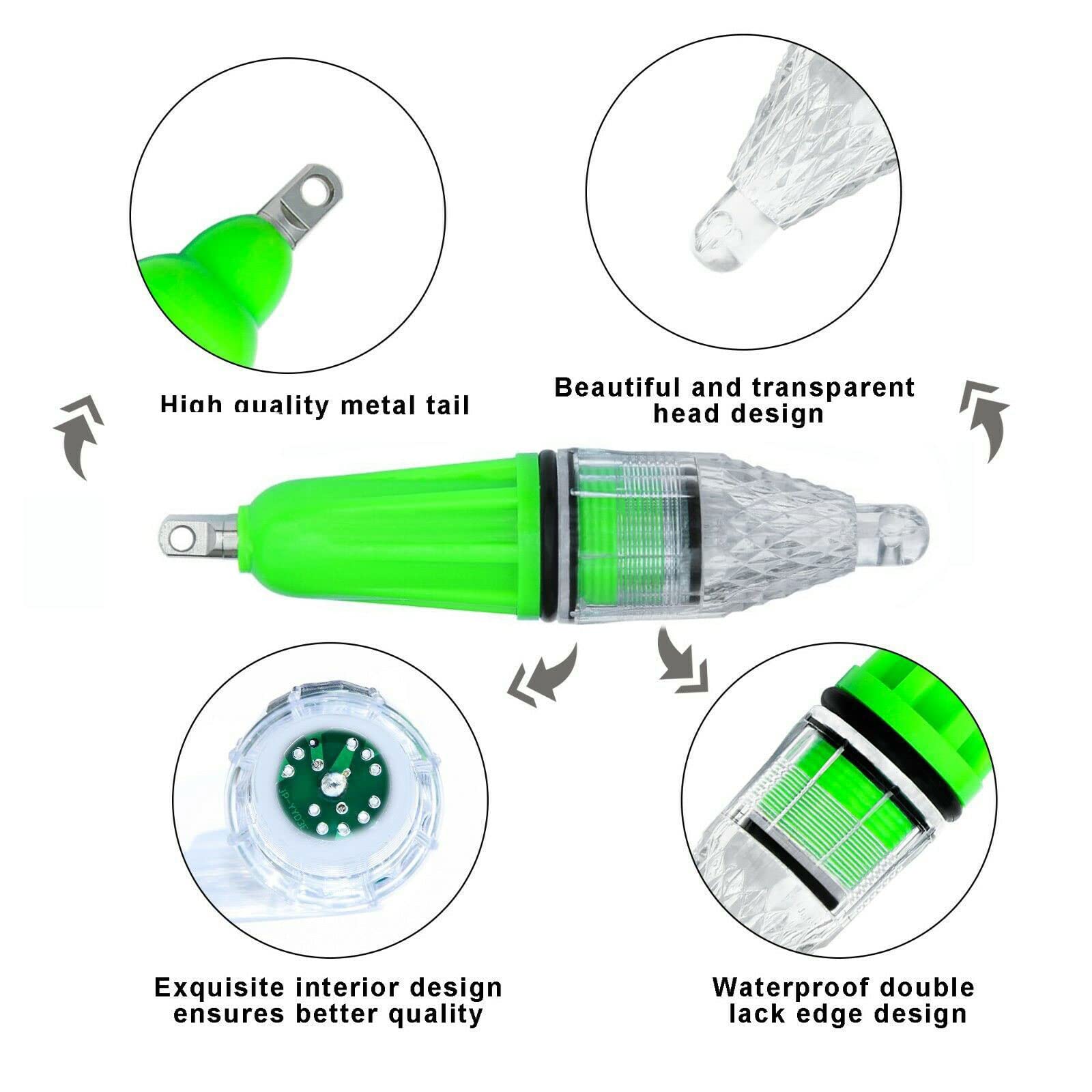 8-Pack Green Underwater LED Fishing Lights - 4.73 Inch Deep Drop Waterproof Flashing Bait Lure Lamps for Night Fishing, Crabbing & Shrimping | Attracts Fish in Lakes, Rivers & Ocean