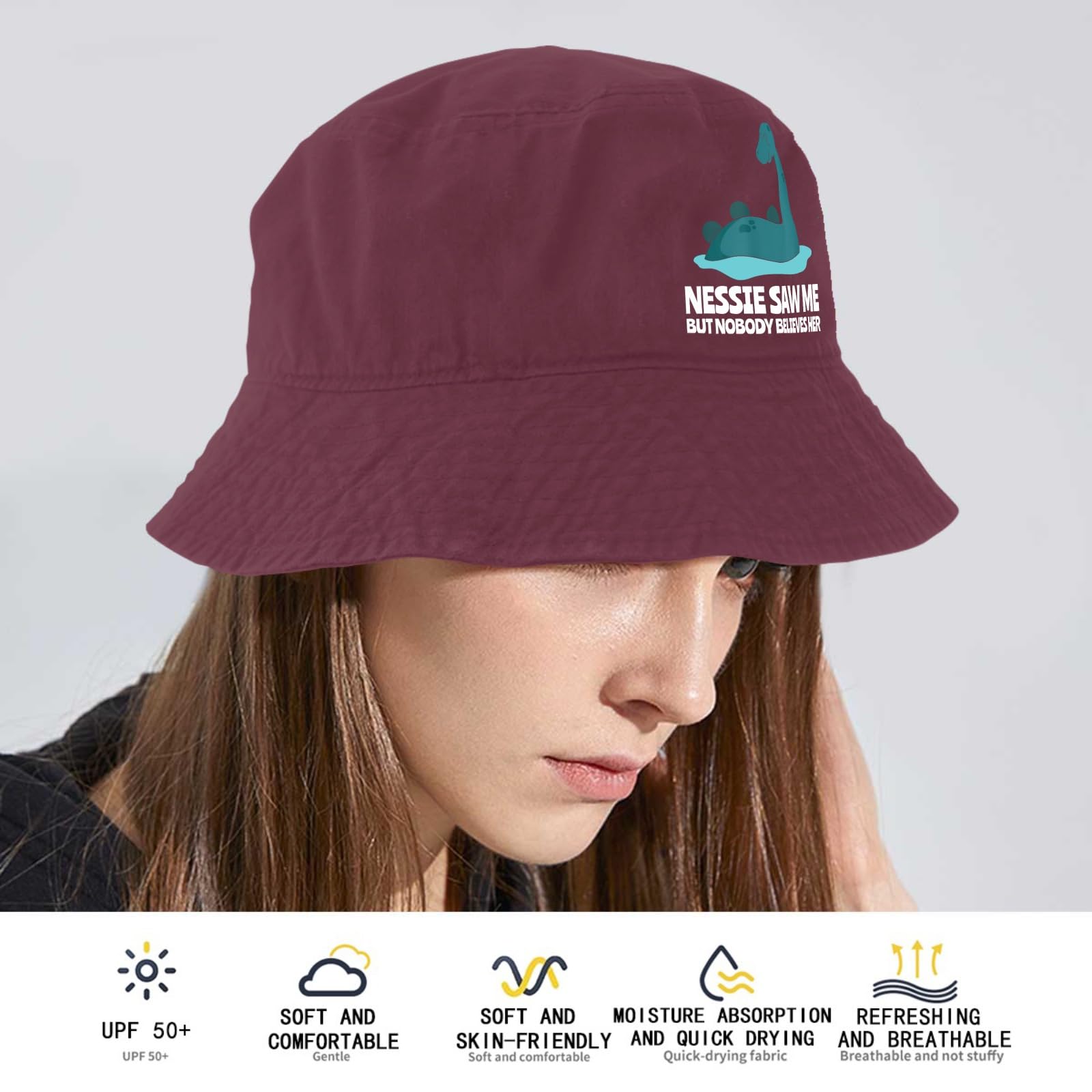 Funny Nessie Monsters of Loch Ness Scotland Travel Bucket Hat - Packable Women's Sun Hat for Vacation, Beach, Hiking & Outdoor Adventures