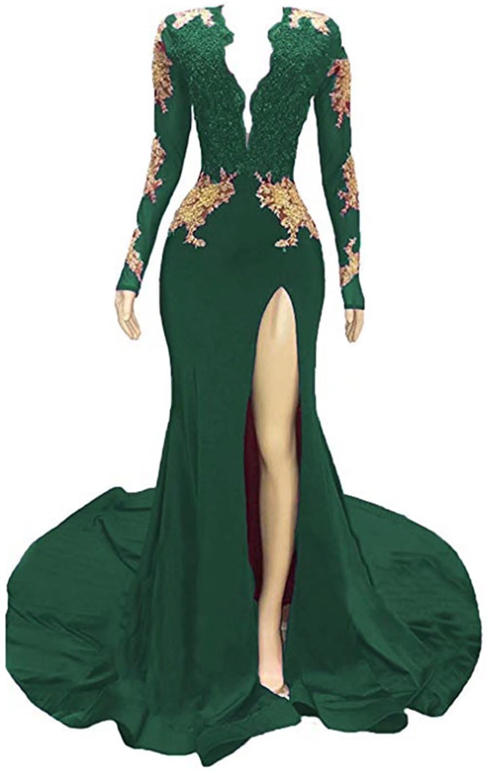 Elegant Women's Mermaid Prom Dresses with Long Sleeves, Sexy V Neck & Backless Beaded Lace Design - Formal Evening Gown with High Slit for Homecoming, Ball, Wedding & Special Occasions