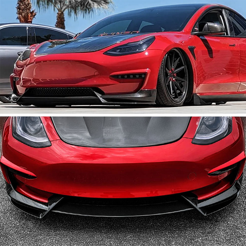 High-Performance Front Lip Spoiler for Tesla Model 3 (2017-2023) - ABS Plastic Body Kit in Glossy Black, Matte Black & Carbon Fiber | Enhance Aerodynamics & Sporty Look for Daily Driving & Car Shows