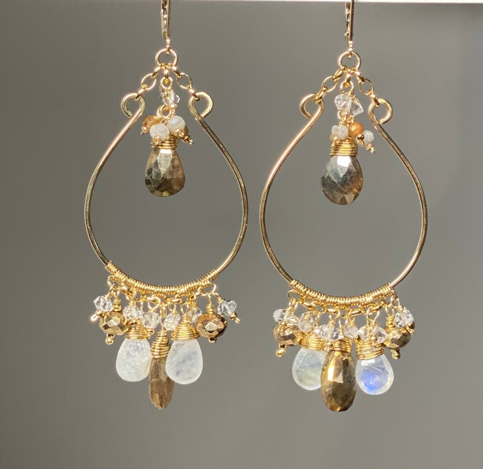 Rainbow Moonstone Gold Chandelier Hoop Earrings with Herkimer Diamond - Elegant Boho Jewelry for Women, Perfect for Weddings, Parties & Special Occasions