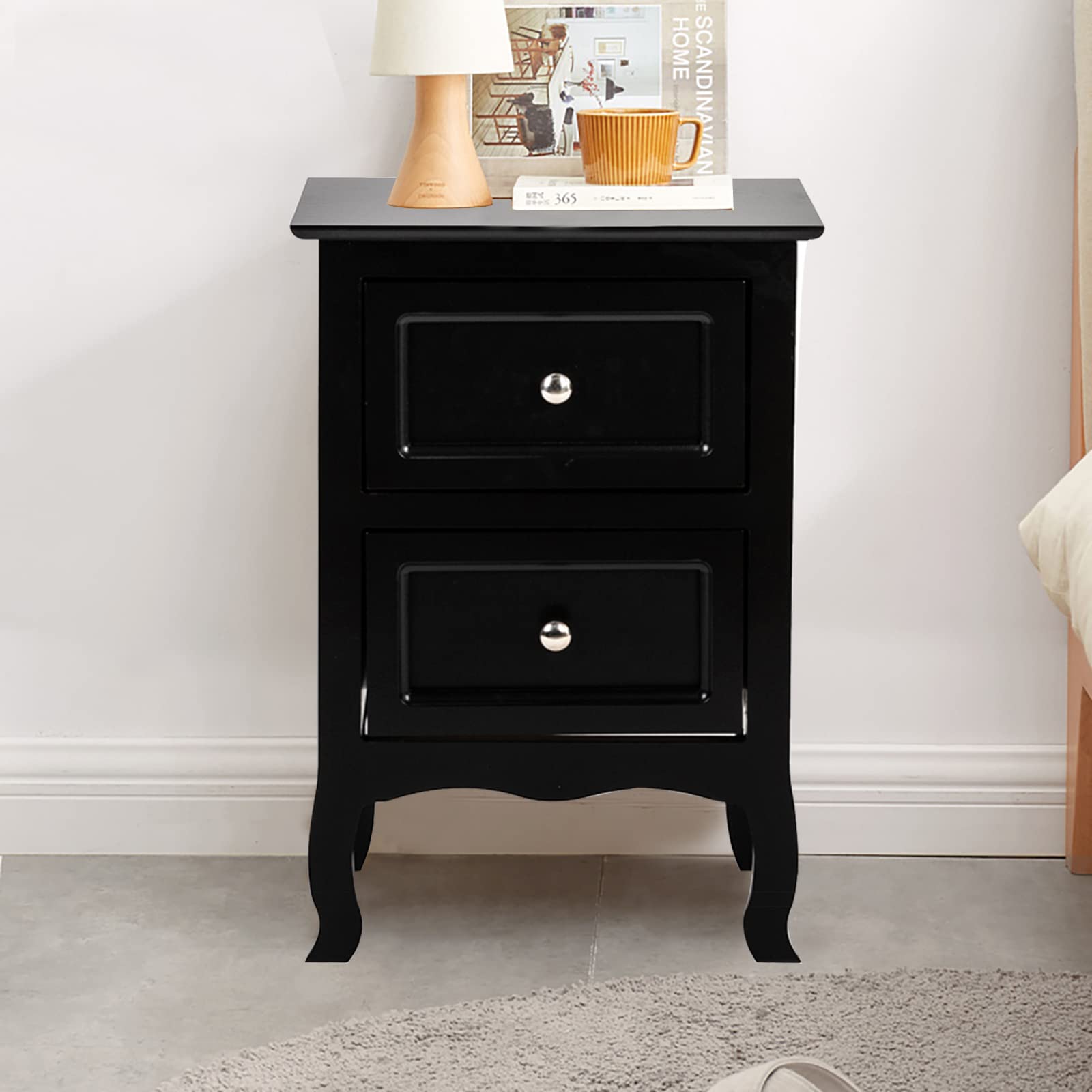 Mid Century Modern Nightstand with 2 Drawers - Solid Wood Bedside Table with High Legs - Black End Table for Bedroom, Living Room & Office - Perfect for Small Spaces & Minimalist Home Decor