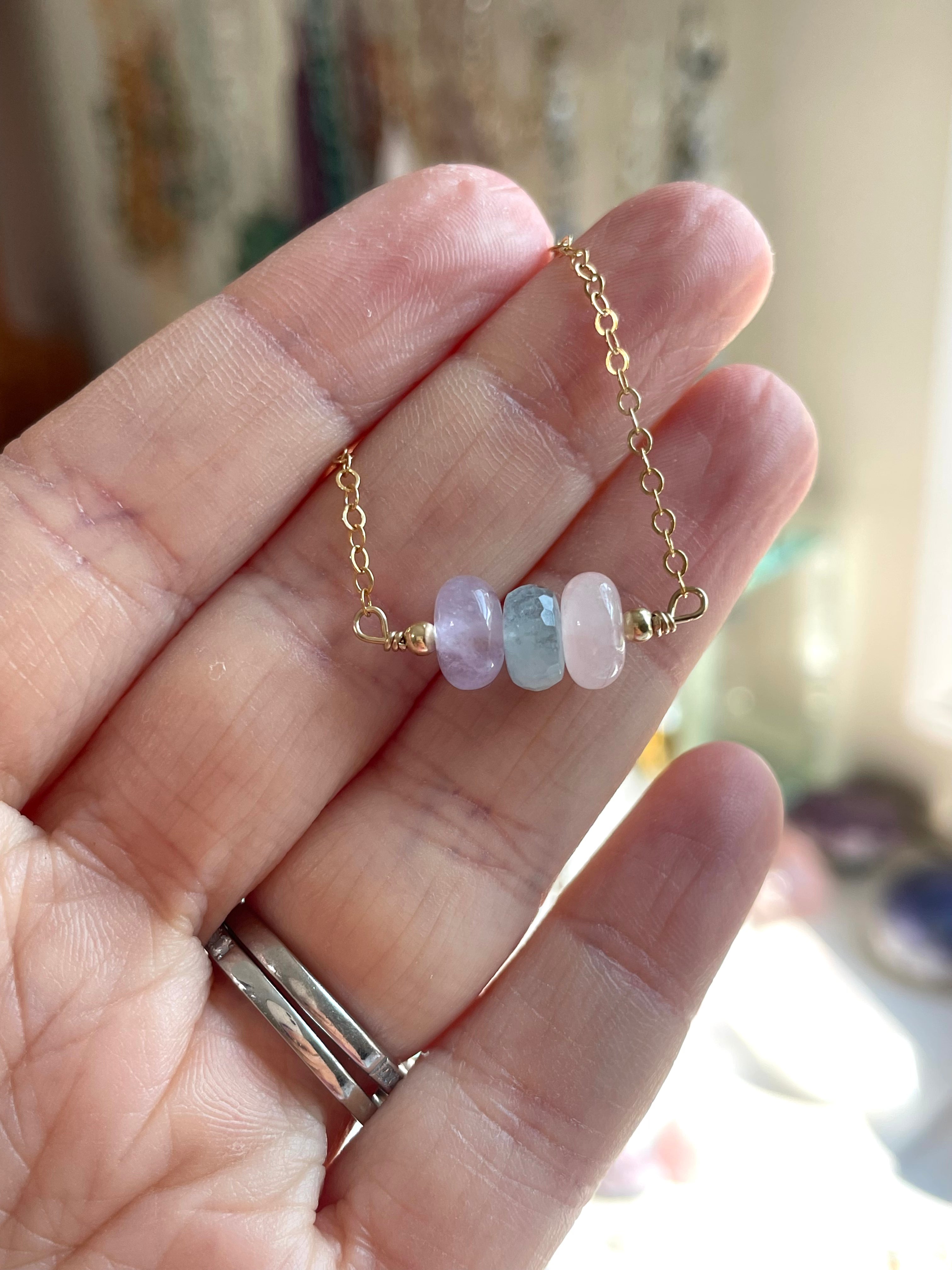 Amethyst Aquamarine Rose Quartz Gemstone Necklace - Silver or Gold Crystal Healing Jewelry for Women - Perfect for Meditation, Yoga & Spiritual Gifts