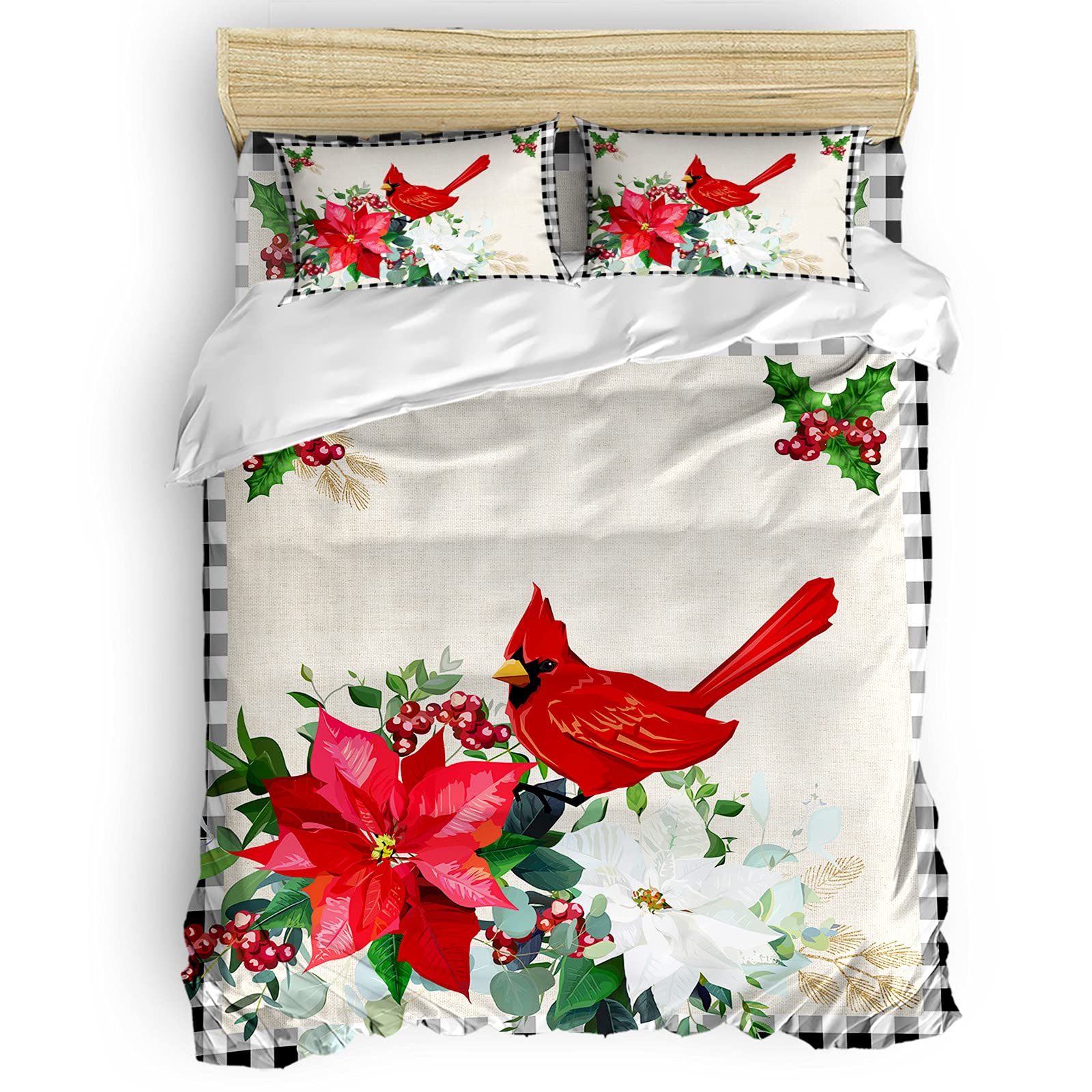 Seven Roses 4-Piece Christmas Bedding Set - Queen Size Quilt Cover with Extra Soft Sheets & Pillowcases, Rustic Poinsettia Berry Cardinals Black Checkered Design | Cozy Holiday Home Decor for Winter Bedrooms