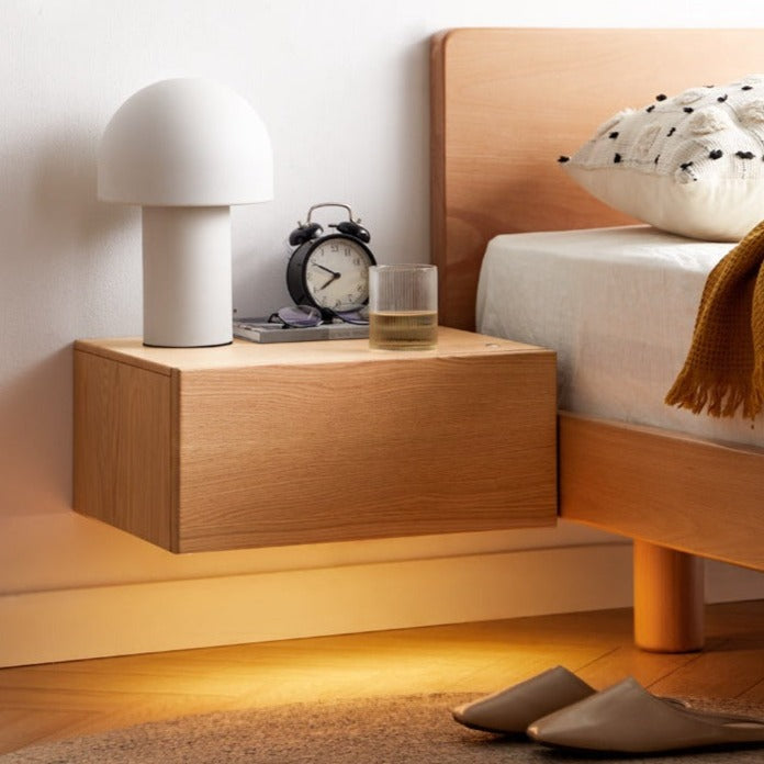 Solid Oak & Poplar Wood Floating Nightstand - Modern Bedside Table with Storage Shelf for Bedroom, Living Room, or Nursery