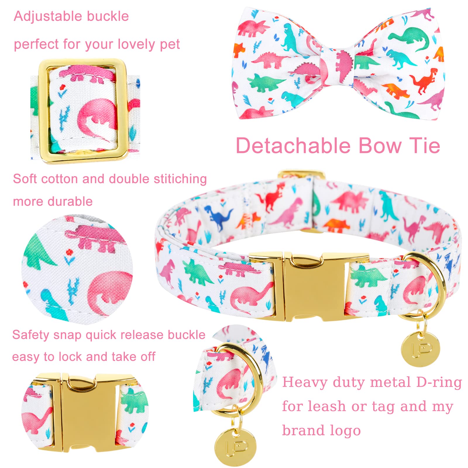 Dinosaur Bow Tie Dog Collar - Adjustable Cotton Pet Collar with Metal Buckle for Puppies, Dogs & Cats (XS) - Perfect for Parties, Weddings & Special Occasions