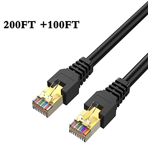 200ft & 100ft Cat7 Ethernet Cable Outdoor - Shielded Waterproof UV Resistant 10Gbps 600MHz SFTP Network Cable with RJ45 Connectors for Gaming, Xbox, Router, Modem, POE - Perfect for Outdoor Installations, Underground Wiring & High-Speed Internet Connections