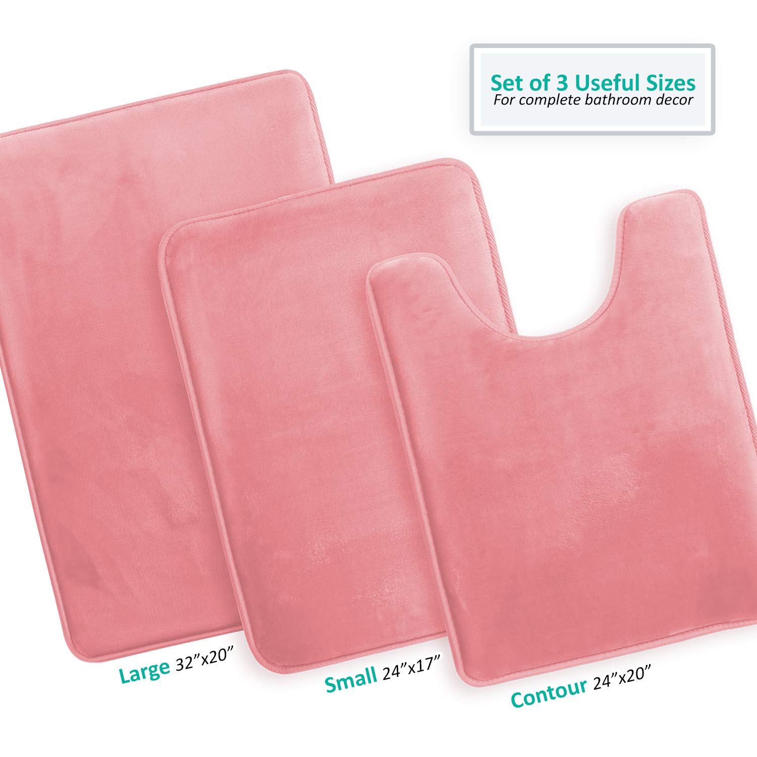 Clara Clark 3-Piece Memory Foam Bathroom Rug Set - Non-Slip Absorbent Velvet Bath Mat, Fast Drying Contour Rug (20