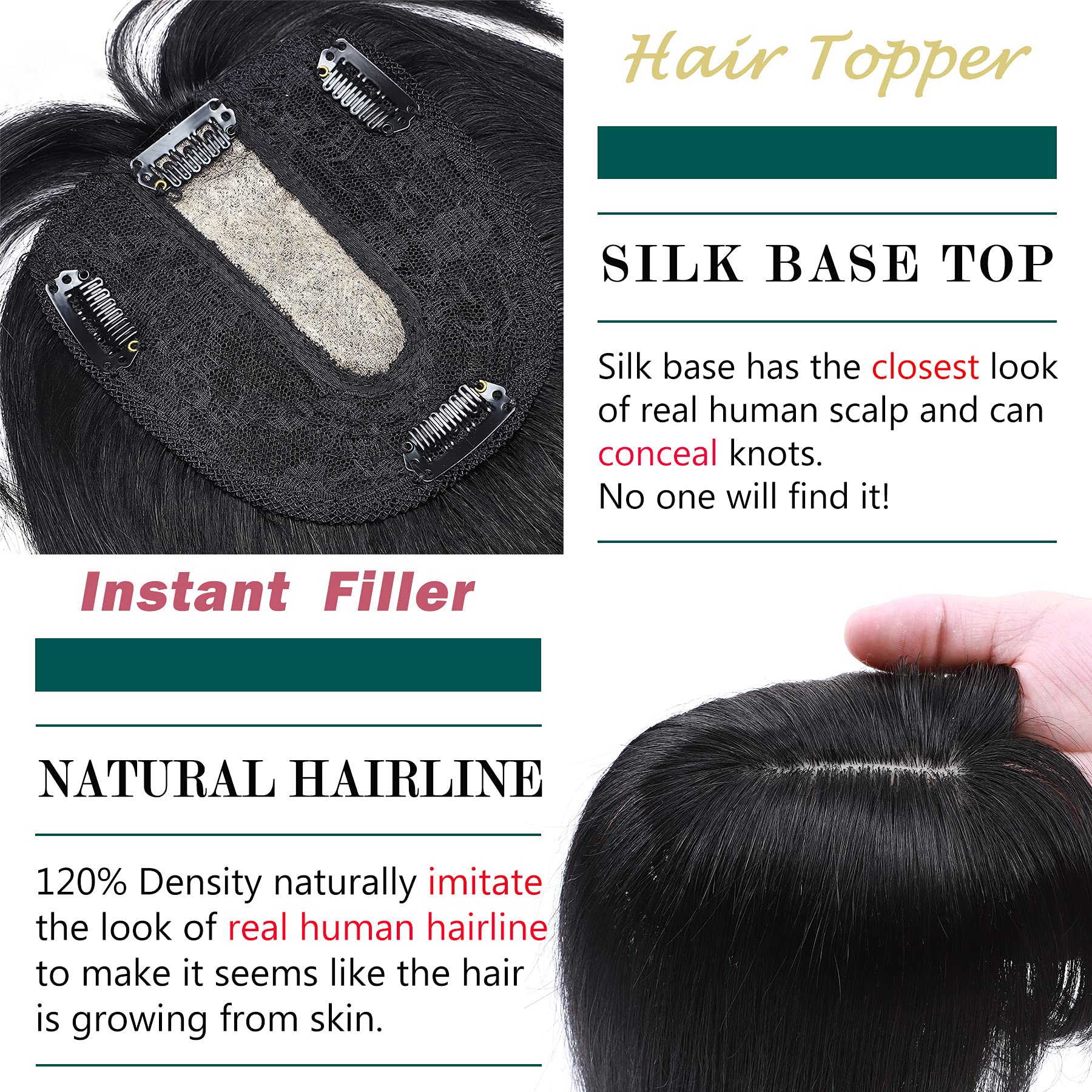 Premium 130% Density Human Hair Toppers with Bangs - Hand-Tied Silk Base Clip-In Hairpiece for Women with Thinning Hair - Natural Hair Loss Solution & Gray Coverage - 10 Inch 35g Jet Black - Perfect for Daily Wear, Special Occasions & Confidence Boost