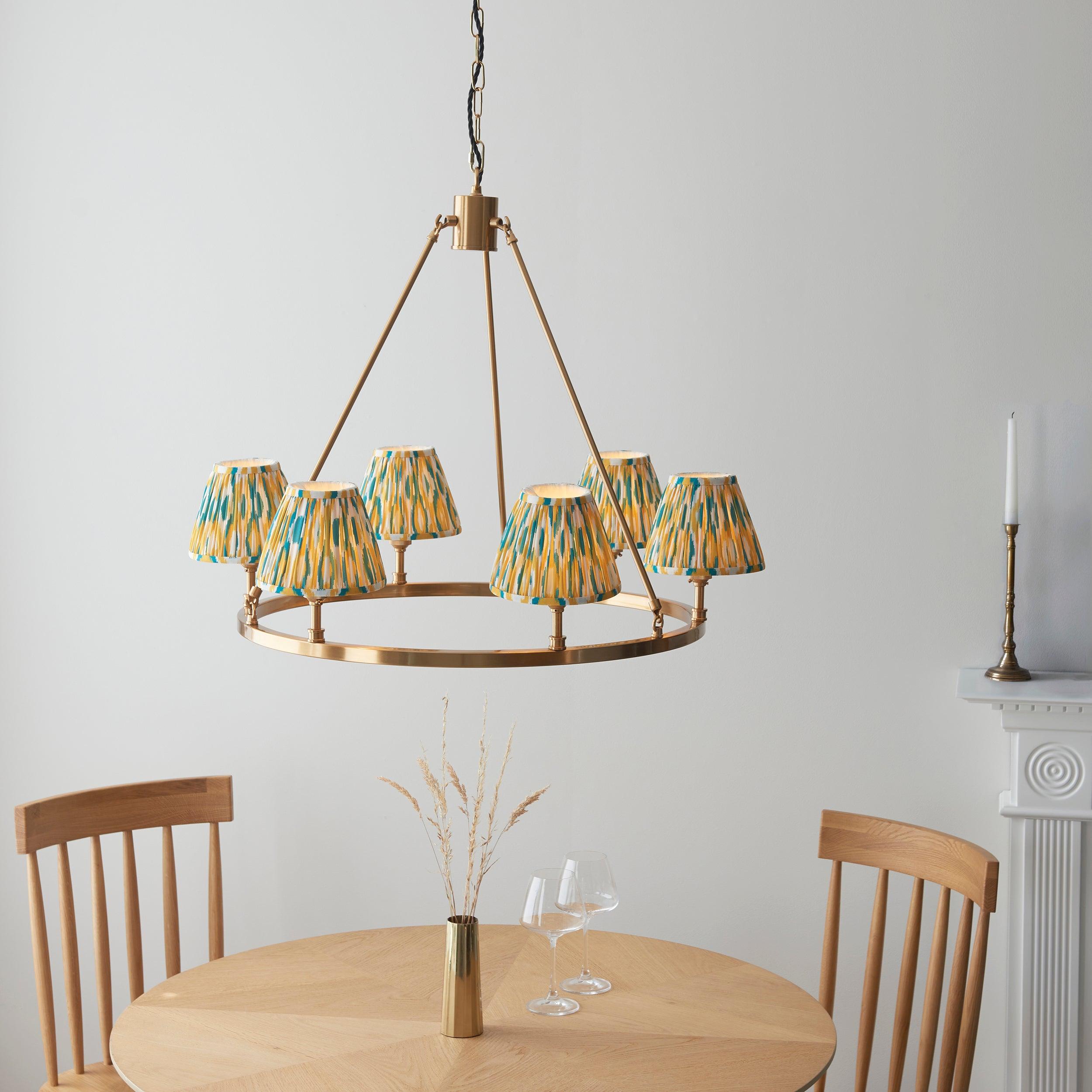Chester Large Brass Ceiling Pendant Light with Yellow & Jade Ikat 16cm Shades - Vintage Industrial Lighting for Dining Room, Kitchen Island, or Entryway