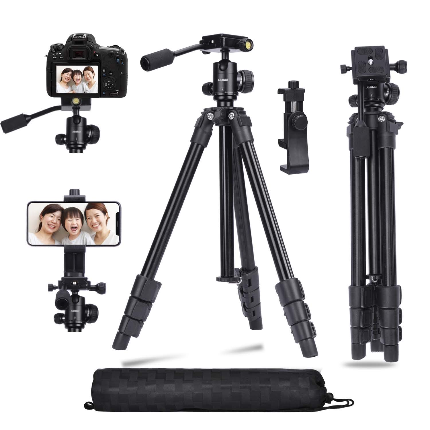 Professional DSLR Camera Tripod with Phone Holder - Compact Lightweight Travel Tripod Stand, 360° Panoramic Ball Head & Quick Release Plate for Vlogging, Blogging, Photography - Perfect for Travel, Outdoor Shooting & Content Creation