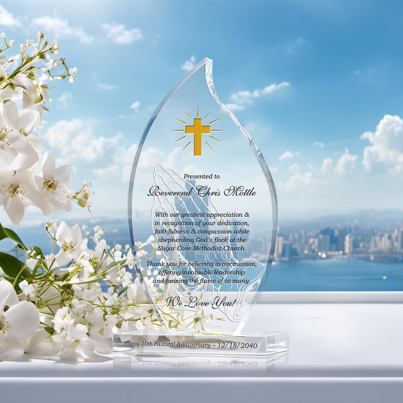 Custom Engraved Crystal Flame Pastor Appreciation Gift Plaque with Praying Hands - Personalized Pastoral Anniversary Present - 9 Inch Unique Minister Gift for Church Celebrations & Ordination Ceremonies