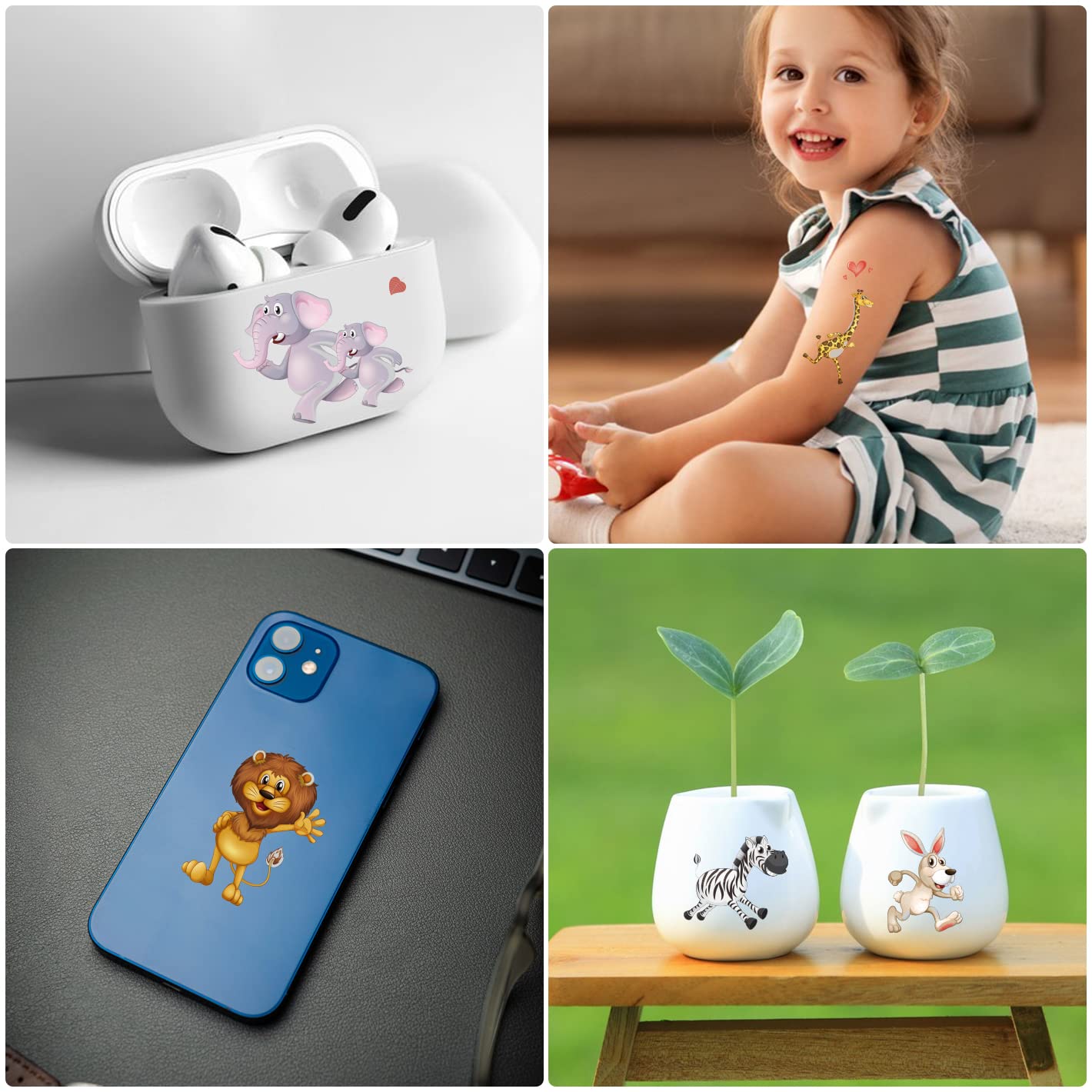 Glitter Tattoos for Kids - Jungle Animal Themed (Giraffe, Panda, Lion, Zebra, Elephant) - Silver Style Temporary Tattoos - Perfect for Birthday Parties, Baby Showers & Safari Themed Events