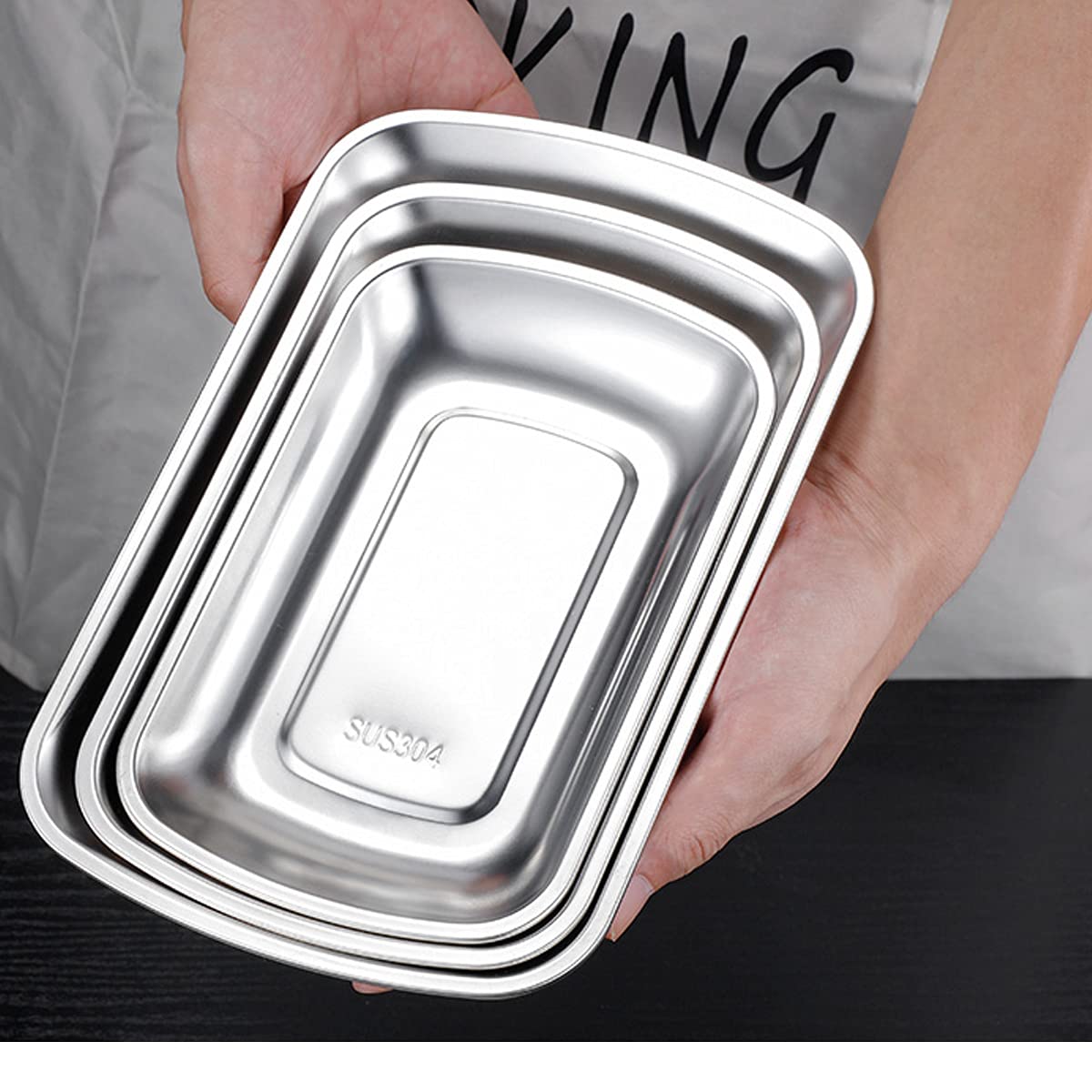 3-Piece Stainless Steel Dinner Plate Set - 304 Food-Grade Rectangular Metal Plates for Adults & Kids (7.1