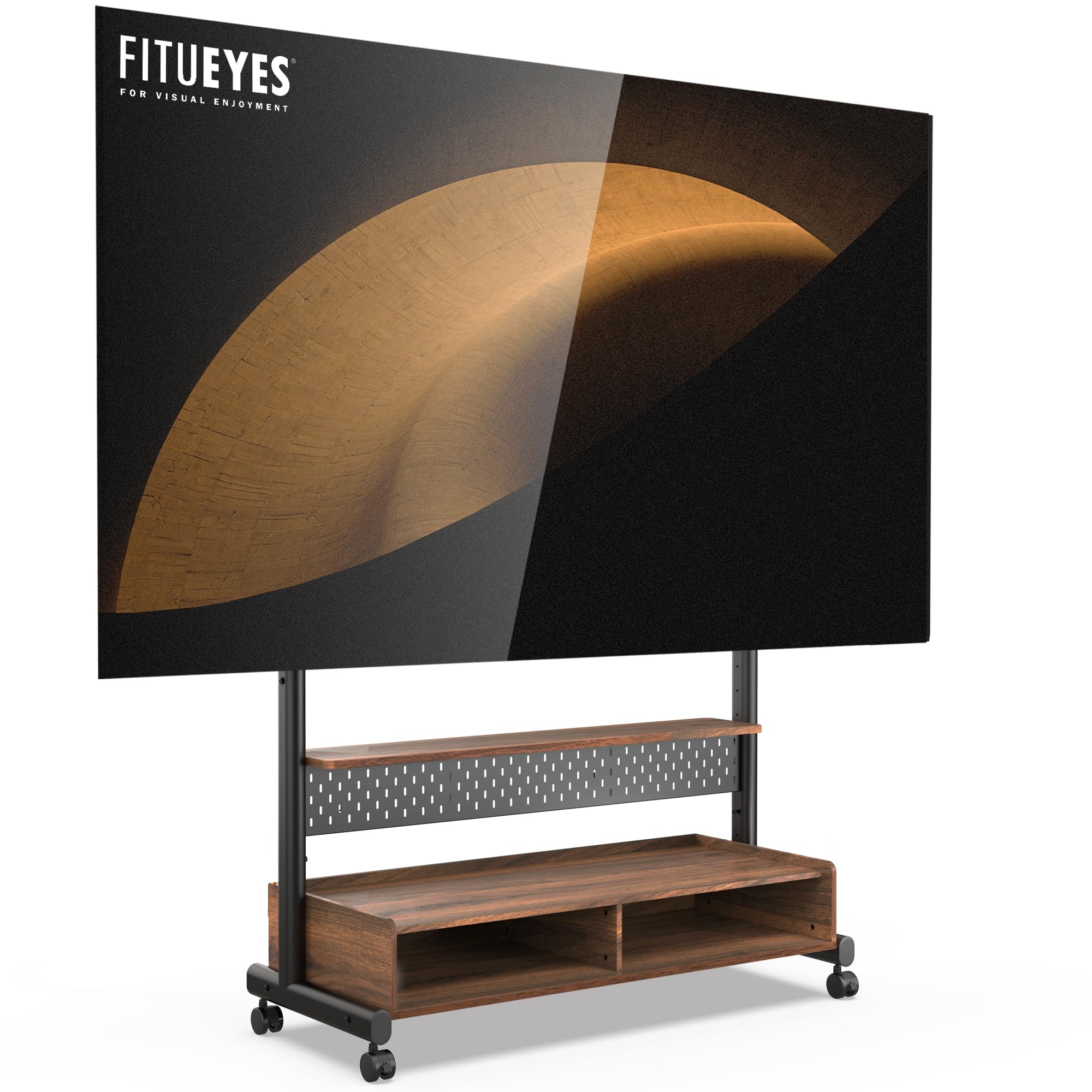 FITUEYES Heavy Duty Rolling TV Stand for 70-100 Inch Flat/Curved Screens - Mobile Corner TV Cart with Wooden Storage Shelf Holds Up to 176 lbs - Perfect for Living Room, Bedroom, or Home Theater Setup