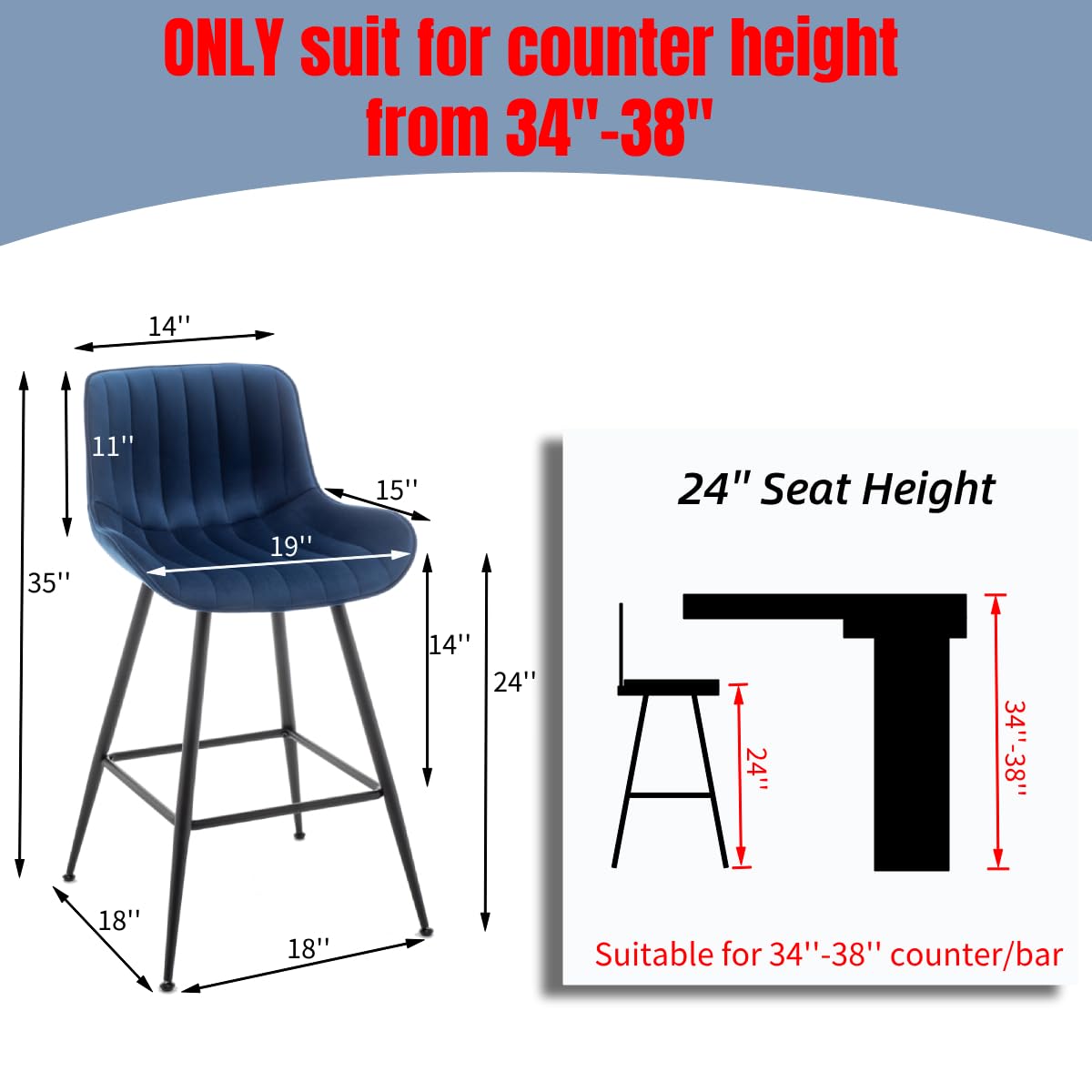 Luxury Bar Stools Set of 2 - 24 Inch Counter Height Upholstered Velvet Barstools for Kitchen Island, Home Bar & Pub | Blue Velvet Bar Chairs for Dining, Entertaining & Modern Decor