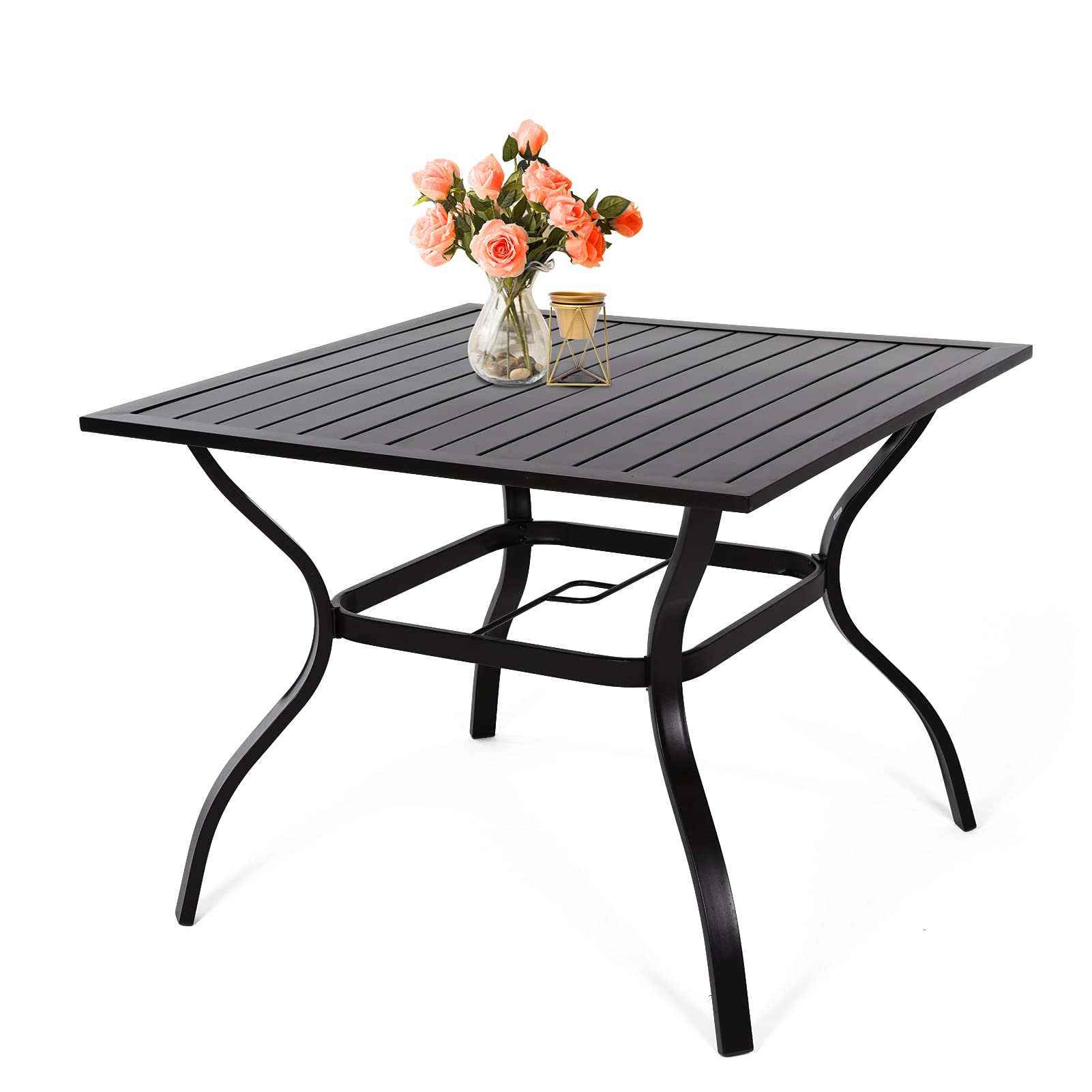 MEOOEM 37x37 Inch Black Outdoor Metal Dining Table with Umbrella Hole - Square Steel Patio Table for Garden, Poolside, Backyard, Picnic | Perfect for Outdoor Entertaining, BBQ Parties & Relaxing in the Sun
