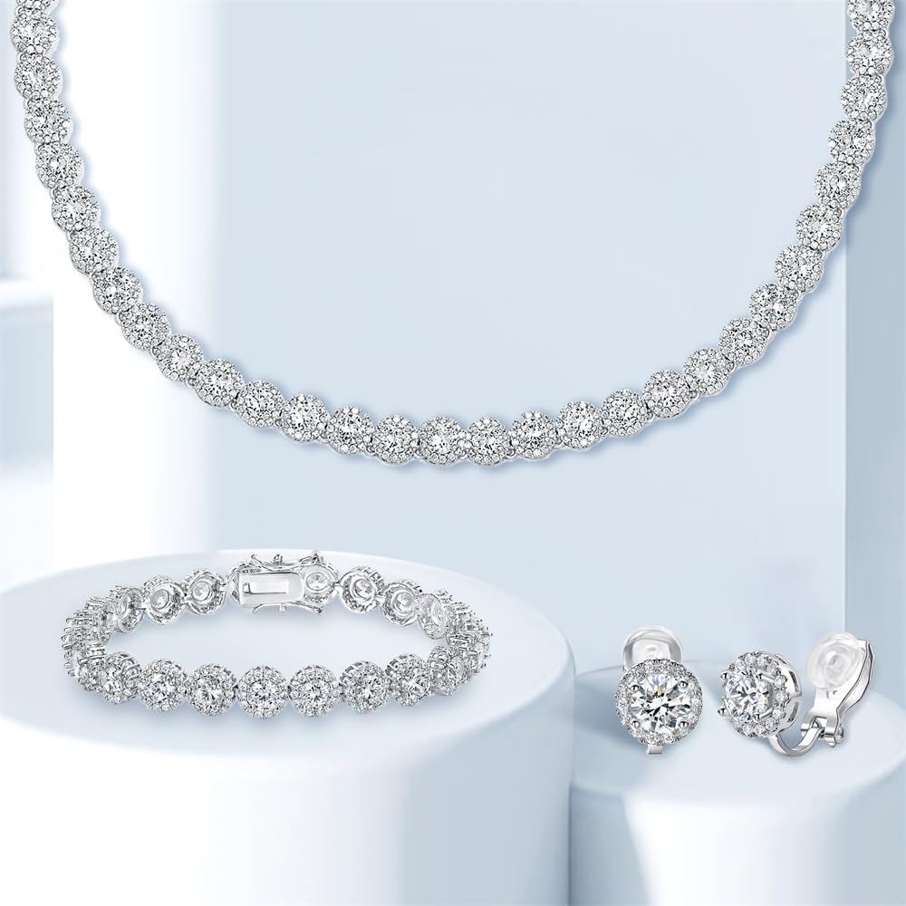 18K Gold Plated Cubic Zirconia Tennis Necklace Bracelet Earrings Set for Women & Men - Elegant Halo Jewelry Pack for Weddings, Anniversaries & Special Occasions
