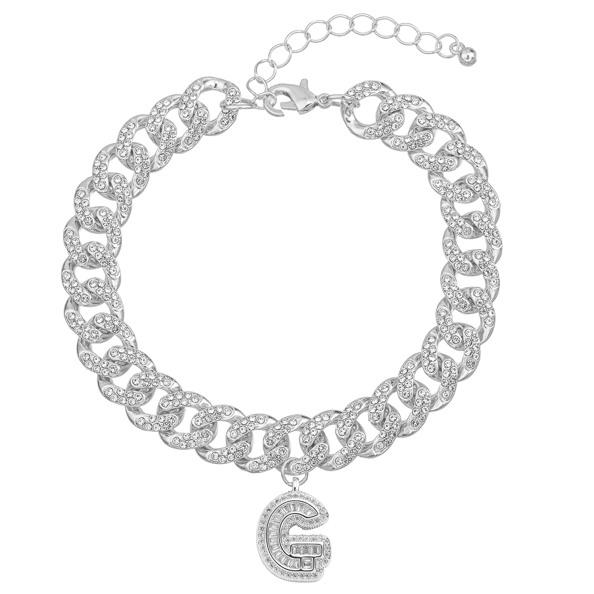 18K White Gold Plated Cuban Link Ankle Bracelet for Women & Men - Iced Out Rhinestones & Cubic Zirconia Inlay, Custom Initial Charm (A-Z) | Perfect for Beach Vacations, Date Nights & Special Occasions
