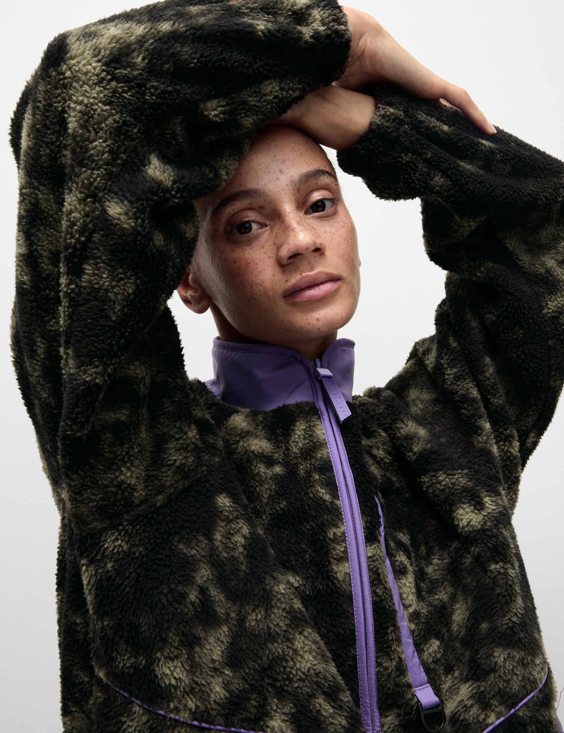 Borg Zip Up Printed Funnel Neck Fleece Jacket - Khaki Mix | Warm Winter Outerwear for Women | Perfect for Hiking, Camping & Outdoor Activities