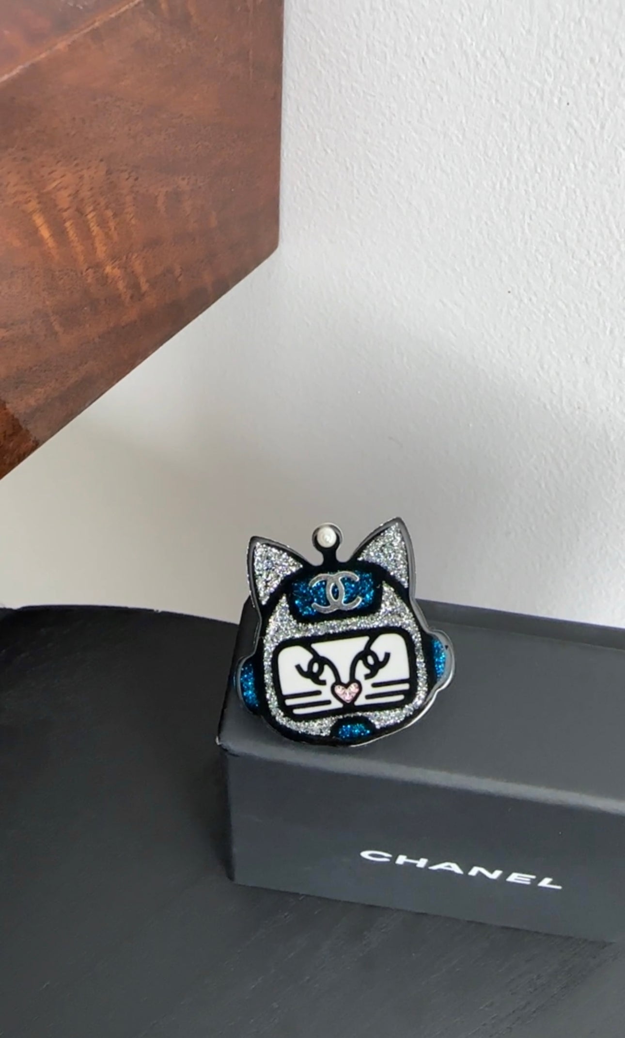 Chanel 17S Blue and Silver Resin Space Cat Brooch Pin - Vintage Luxury Cat Jewelry for Women - Perfect for Jackets, Scarves & Handbags